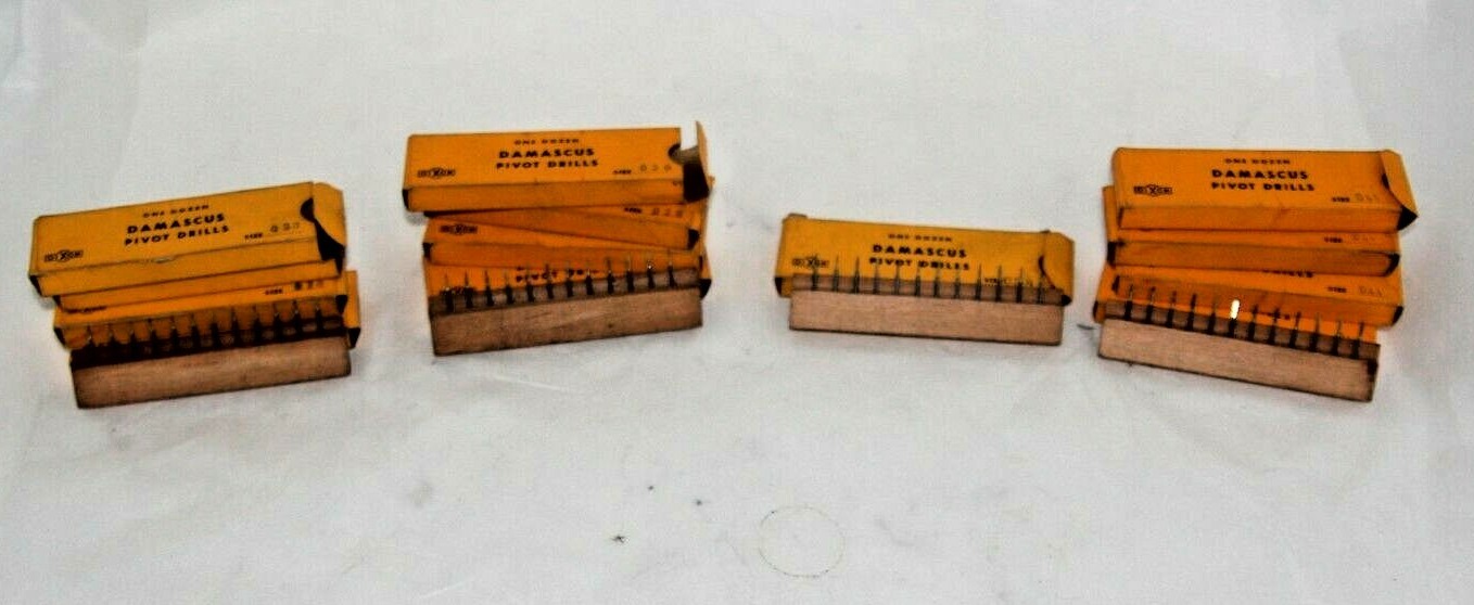 (12) Vintage Dixon Damascus Watchmakers Watch Repair Pivot Drills, Stand & Box