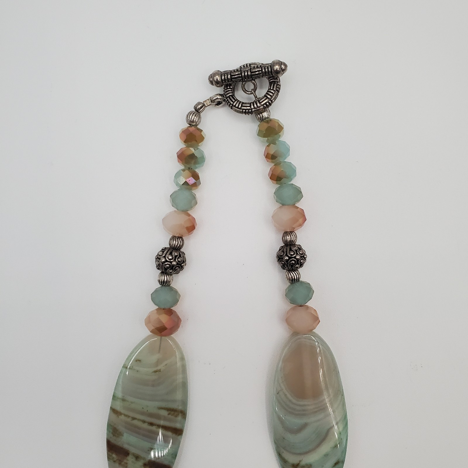 Banded Agate Stone Necklace 32in Peach Aqua Green Brown Polished Natural Beads