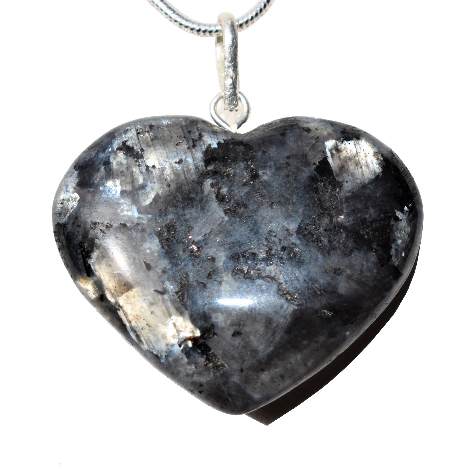 Charged Titanium Flash LARVIKITE Heart Pendant + 20″ Stainless Steel Chain
