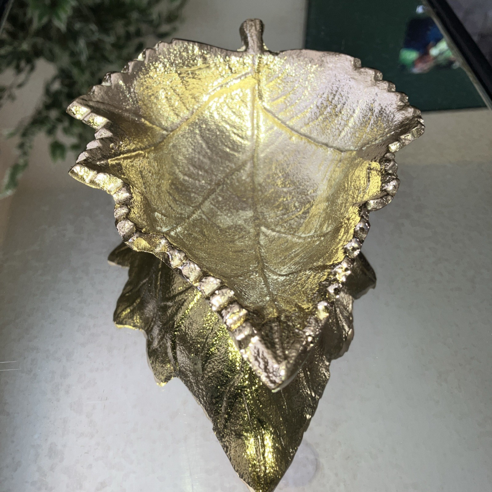 Trinket Dish Small Leaf Shaped Gold Jewelry Organizer Decorative Tray Table Top.