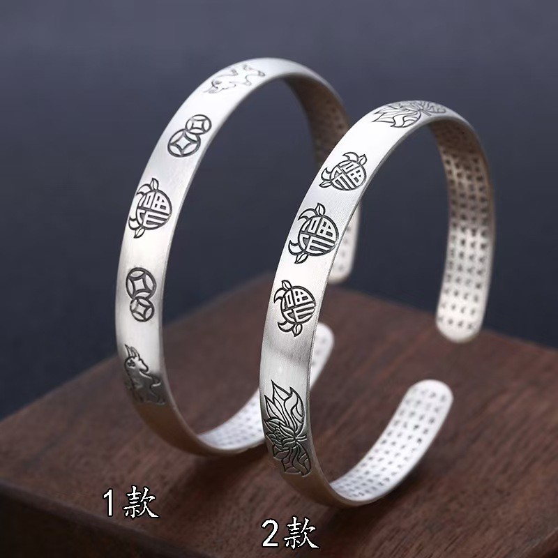 Pure S999 Fine Silver Bracelet Lucky Fu Cow Open Bangle 30-31g ID:56mm