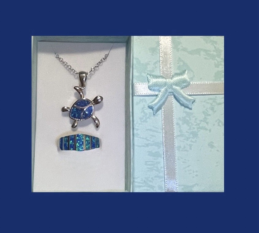 DEAL! Dazzling Blue Fire Opal Cabochon Sea Turtle Necklace & Ring Size 9 Set