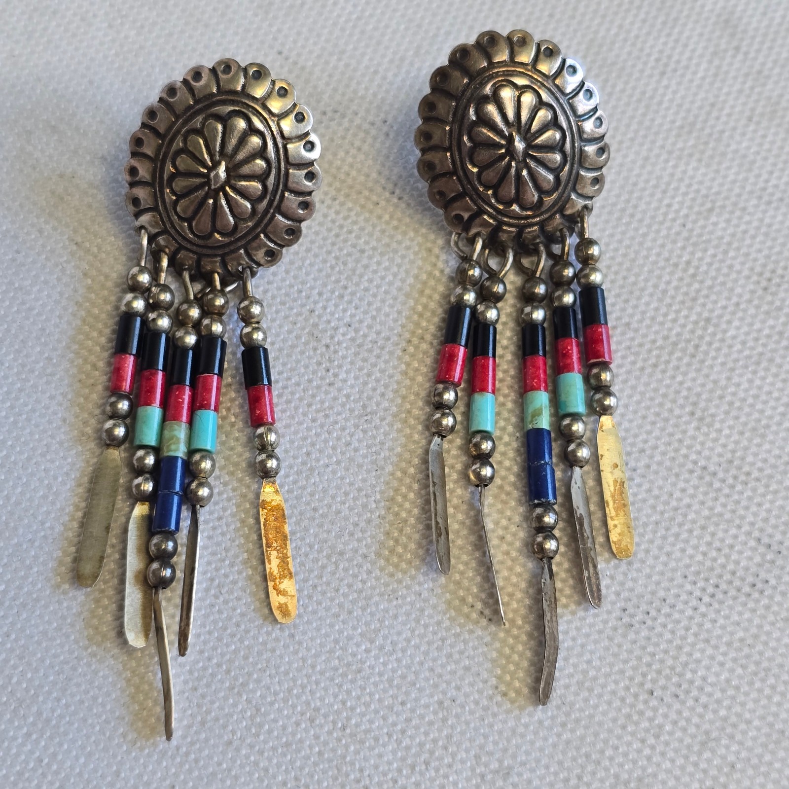 Sterling Silver Earrings 4.38g Fine Jewelry Zuni Semi Precious Stones Look*READ*
