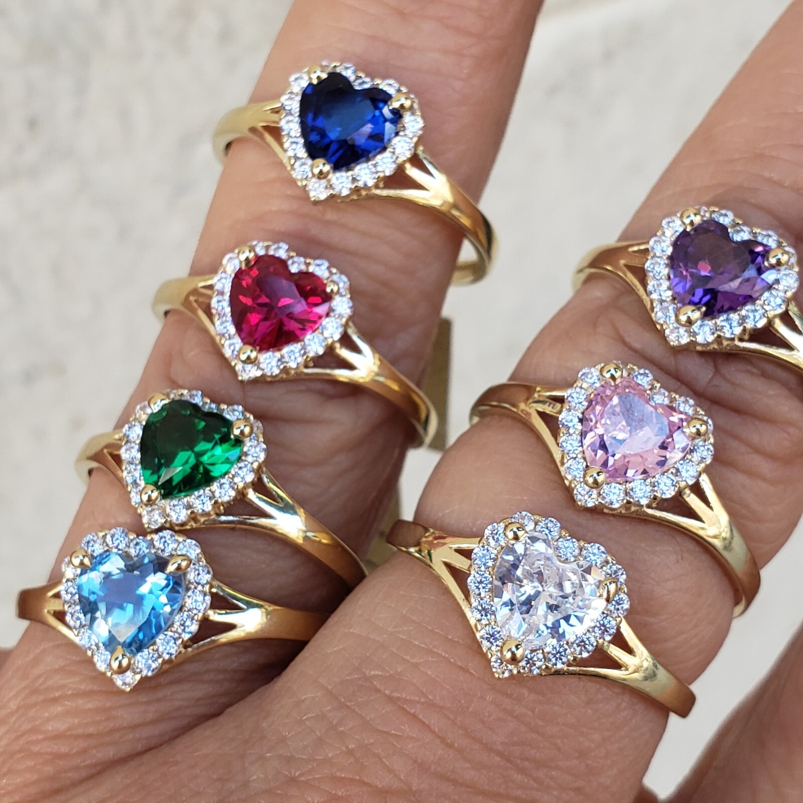 Solid 14k gold Purple Red Pink Blue Green Heart Ring Love Valentine