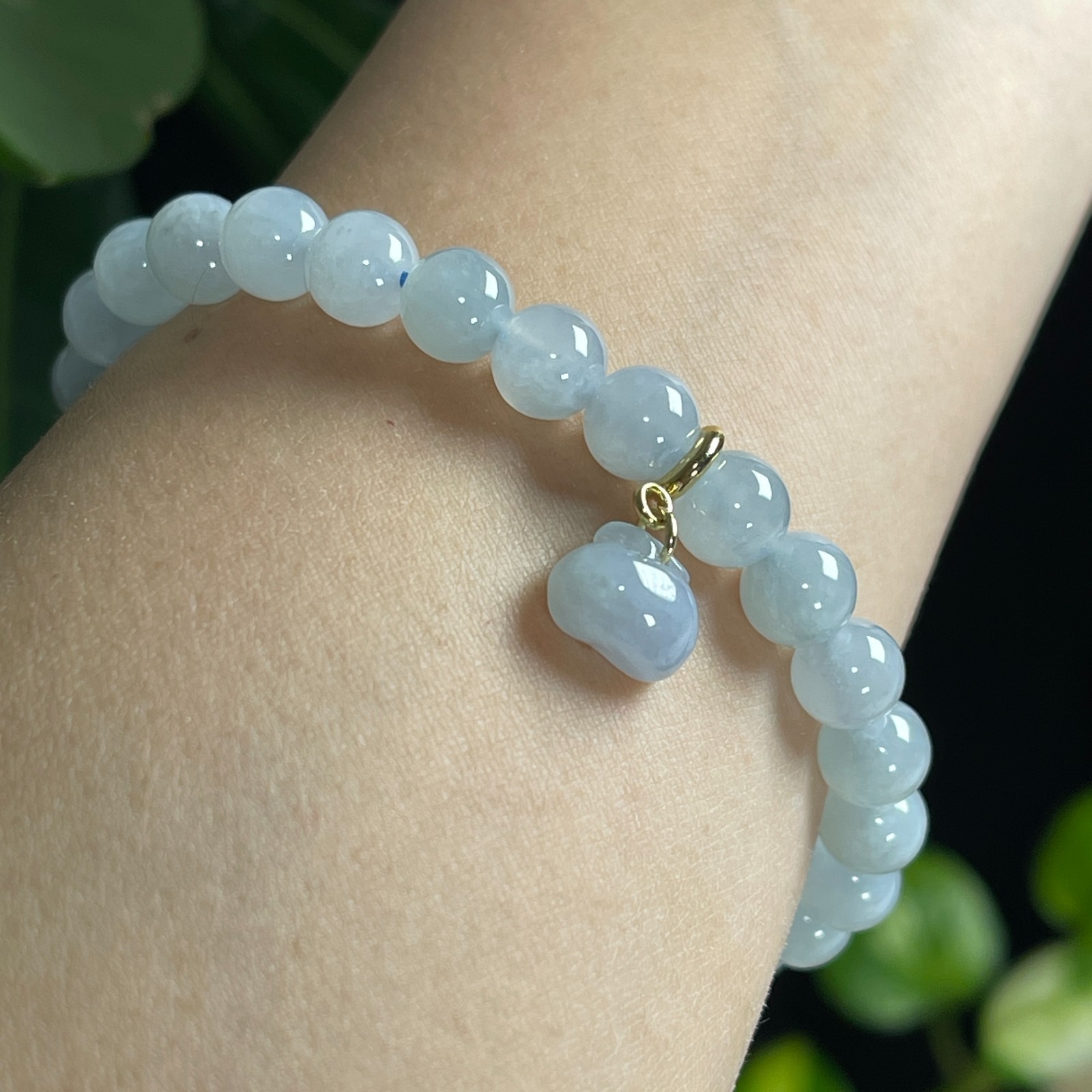 Certified Natural Jadeite Skyblue Beads Bracelet With Apple Charm 0302