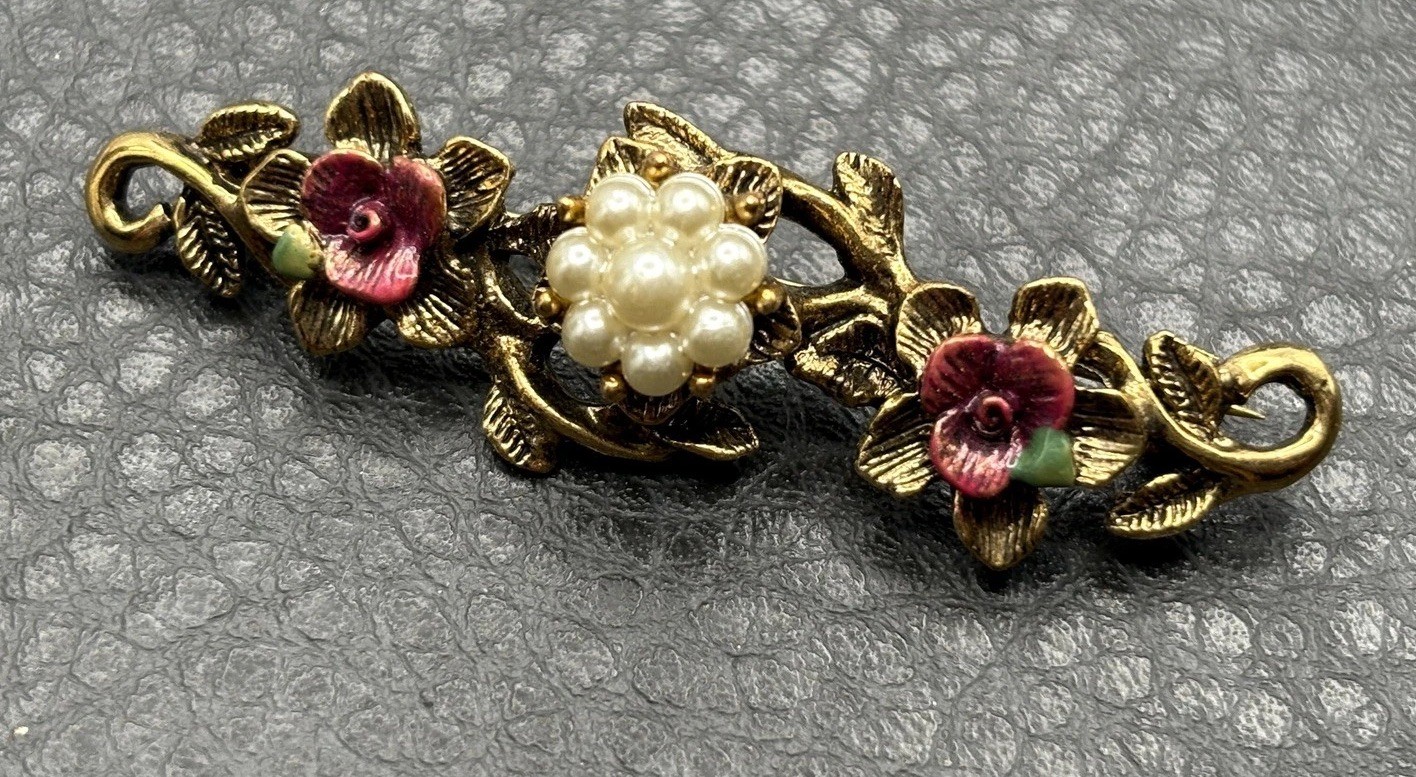 Vintage 1928 Brand Gold Tone Faux Pearl Enamel Floral Bar Brooch Pin Costume