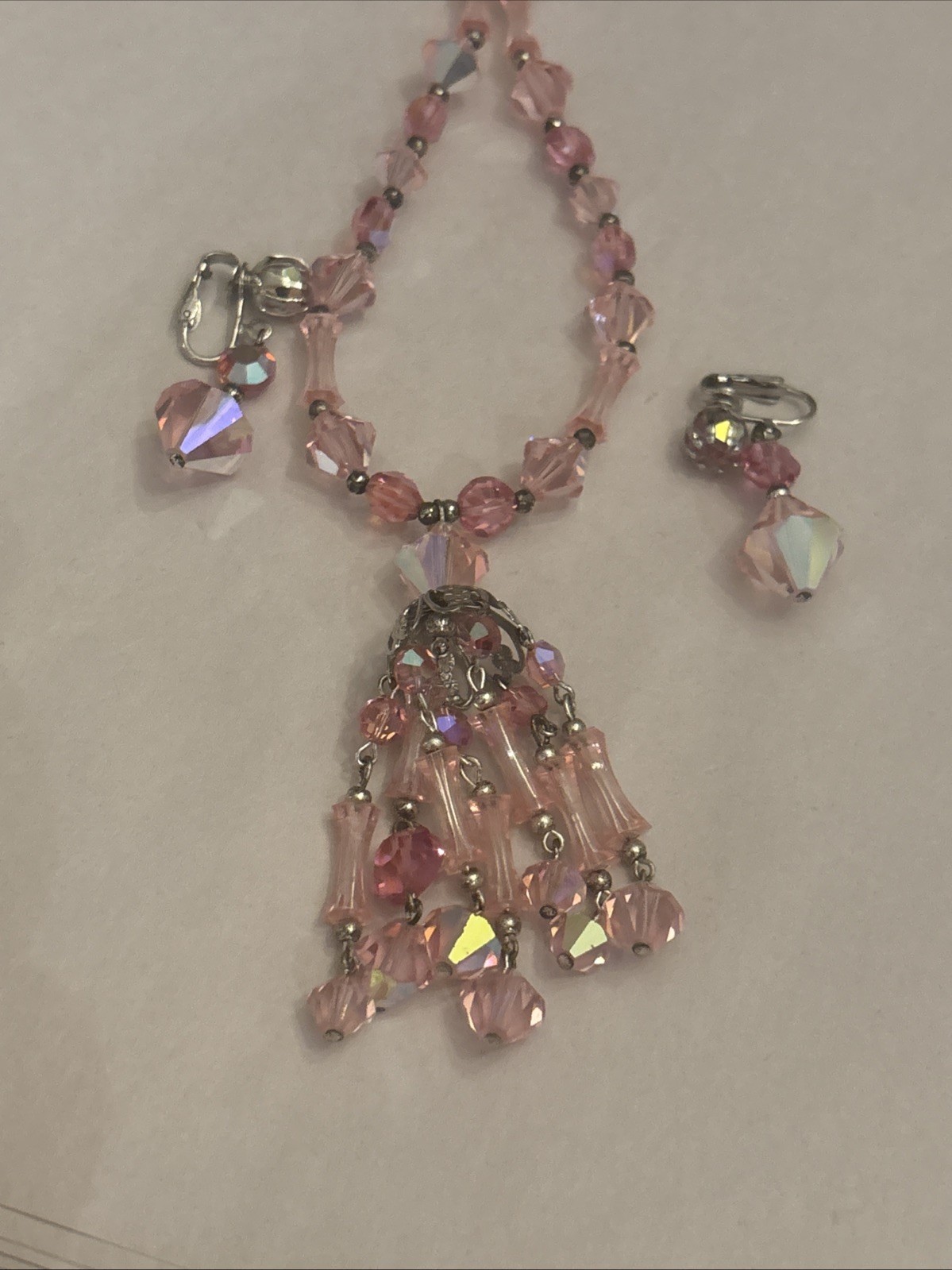 VTG Pink AB light refracting chandelier Necklace w matching Earrings Set