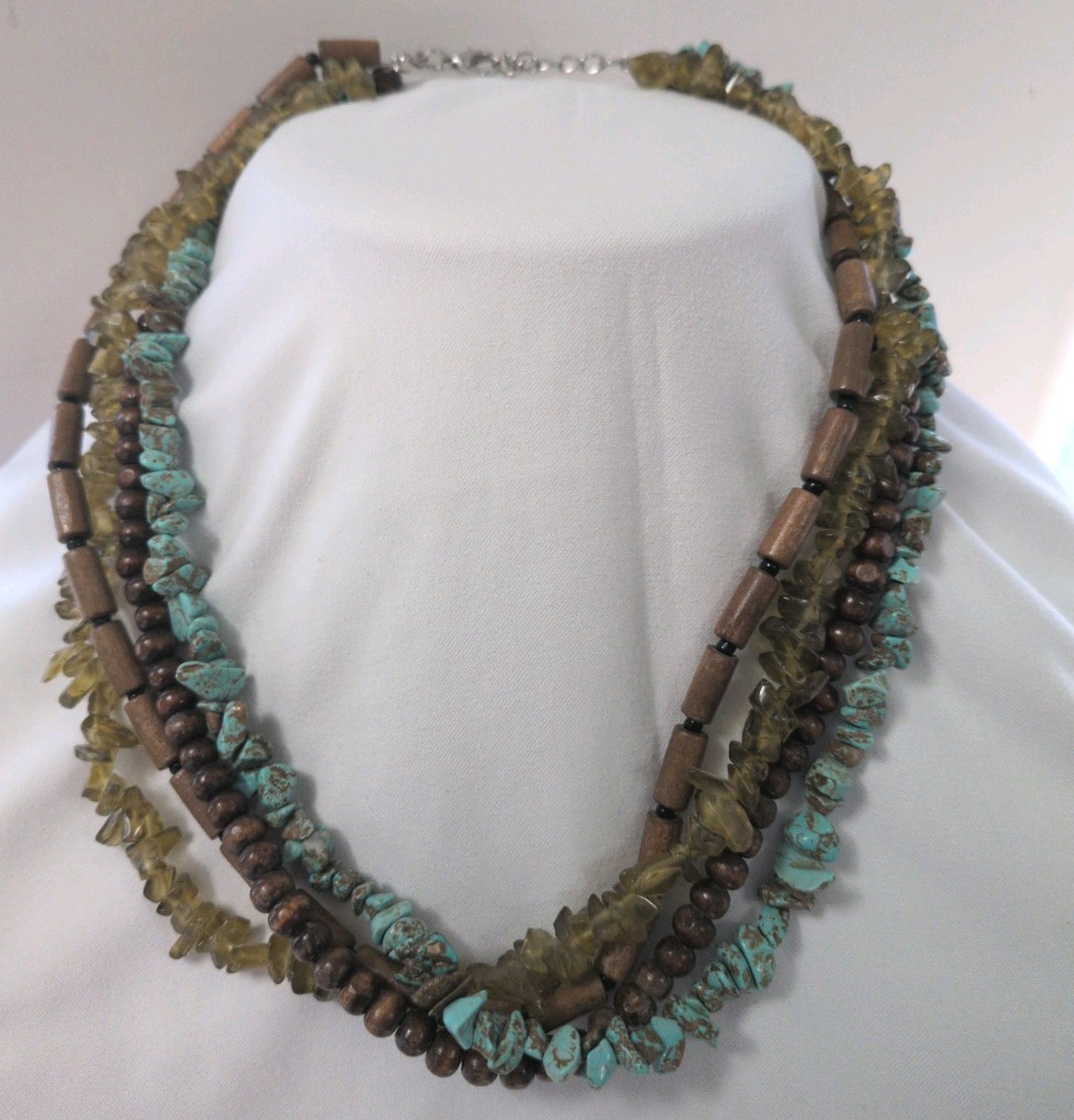 Layered Bohemian Beaded Statement Necklace Turquoise/Citrine/Wood, Lobster Clasp
