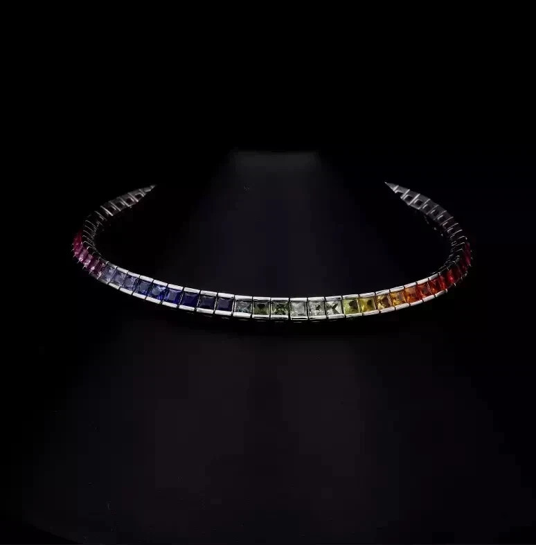30Ct Princess Cut Lab Created Rainbow Tennis Necklace 14K White Gold Plated 18”