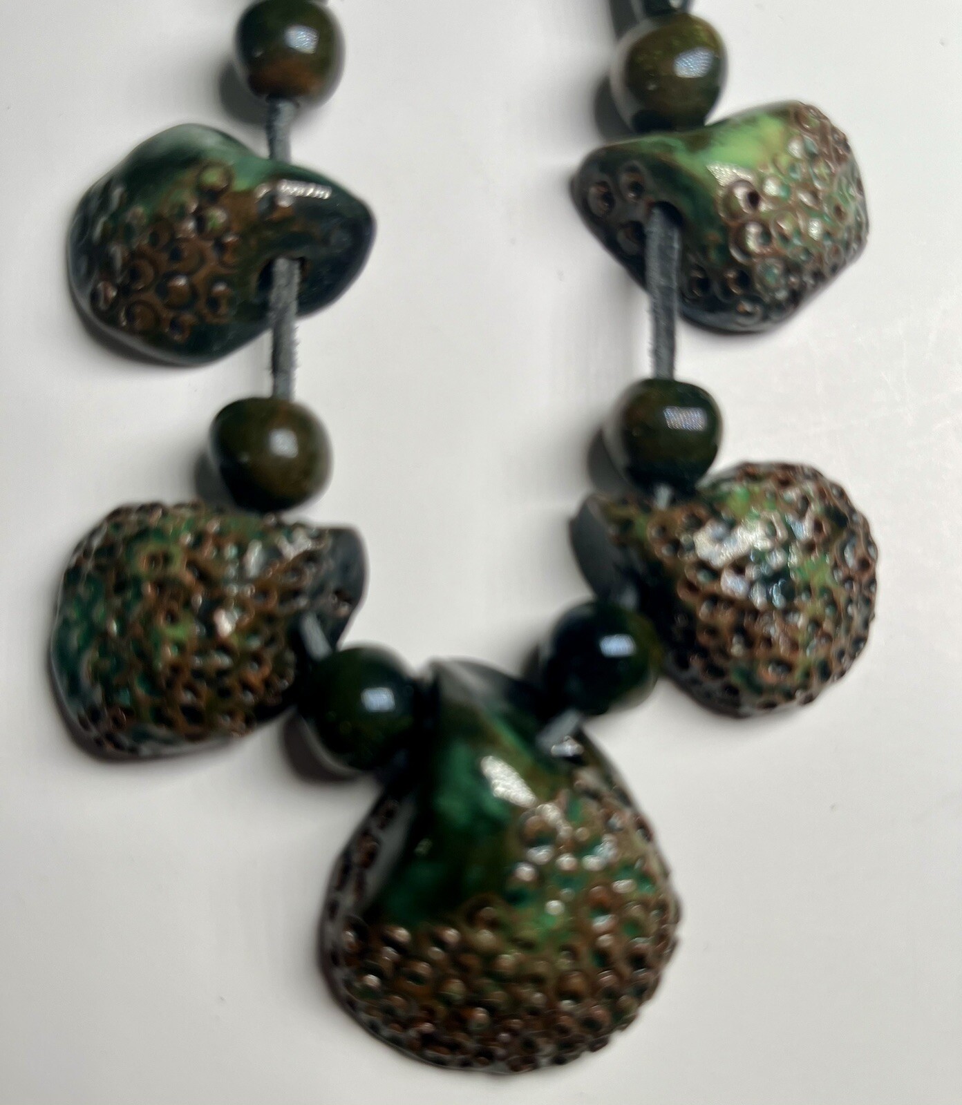 Dark Green and Brown Handmade Ceramic & Leather Tie Necklace Boho Grannycore