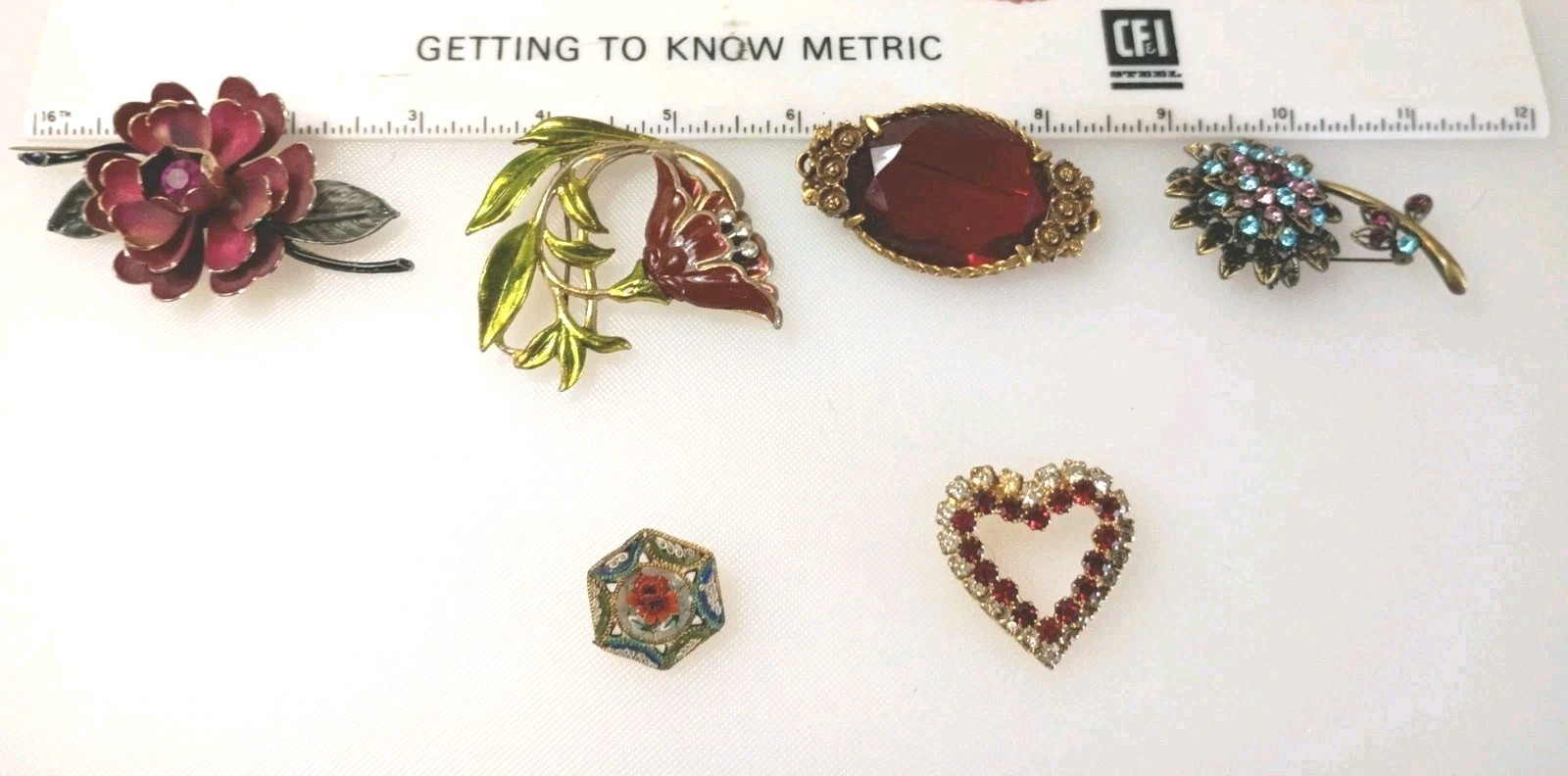 Vintage To Current Brooches Lot of 6 Rhinestone Glass Enamel Paint Gold Fill