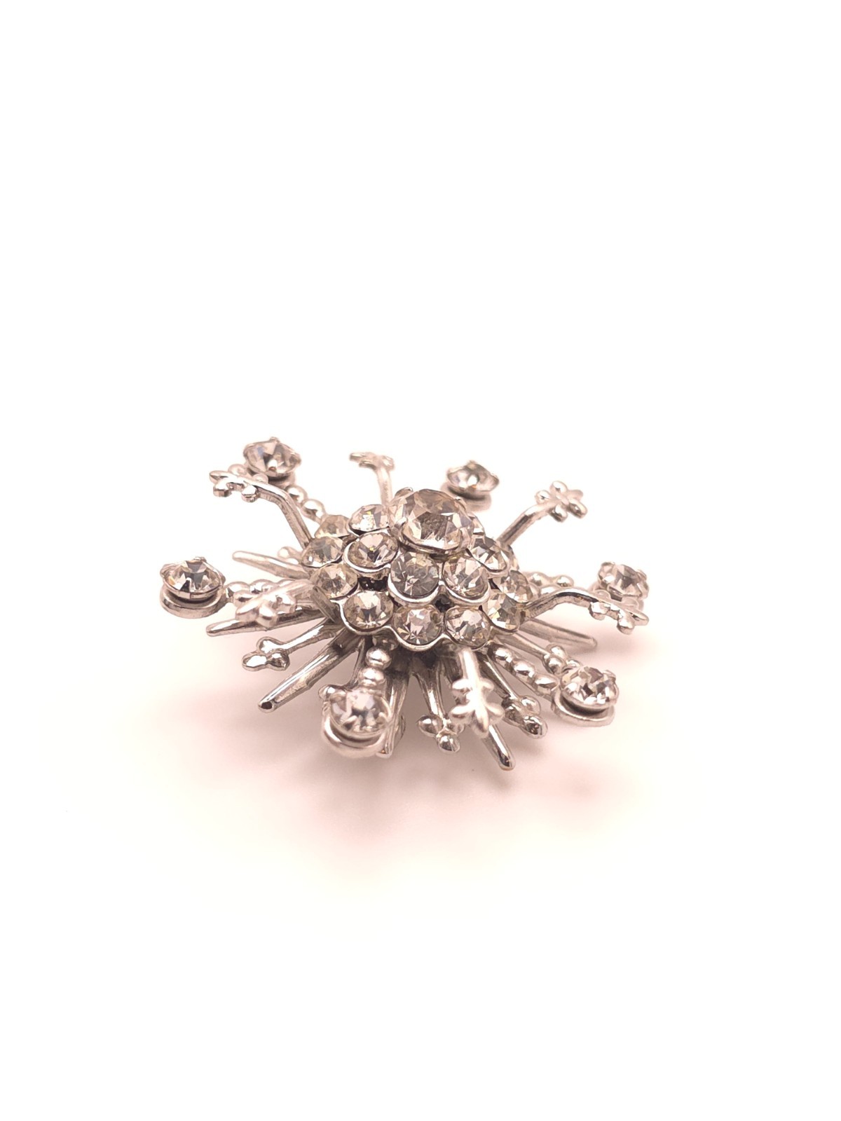 Silver Tone Starburst Celestial Clear Rhinestone Prong Set Brooch Pin