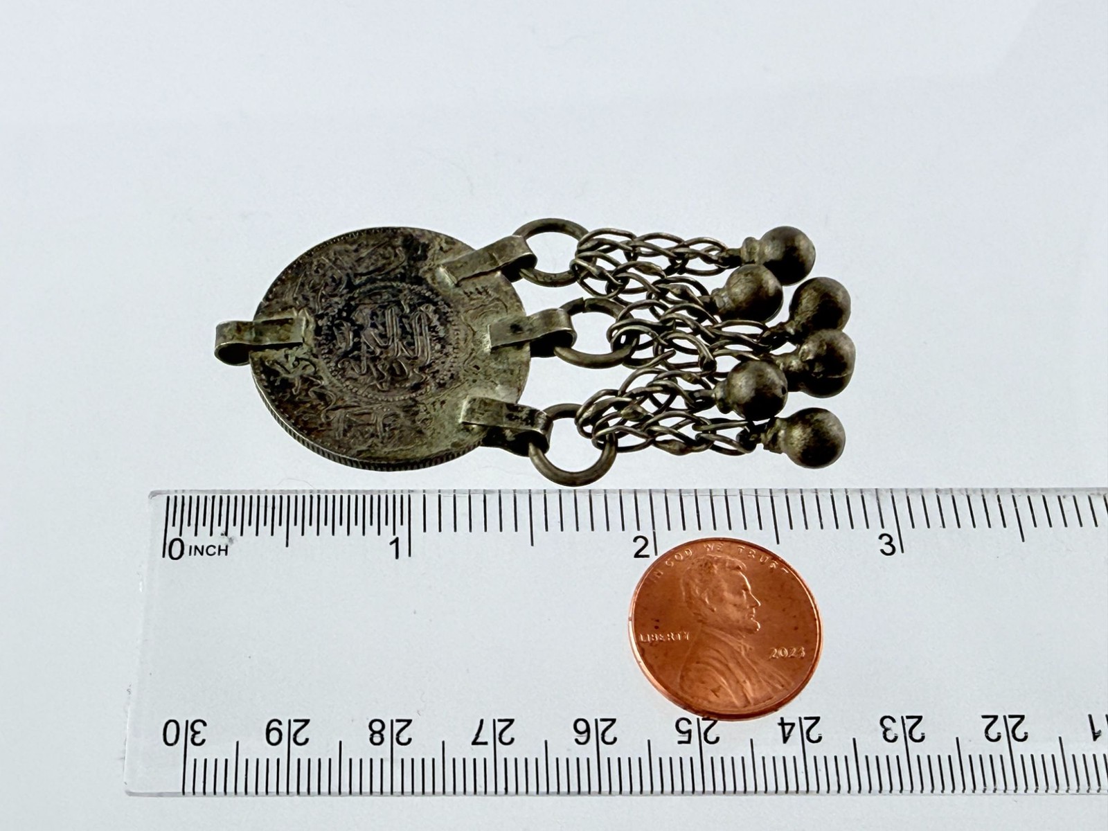 Vintage 1 Riyal Silver Coin with 6 Bell Tassels Pendant from Saudi Arabia 20g