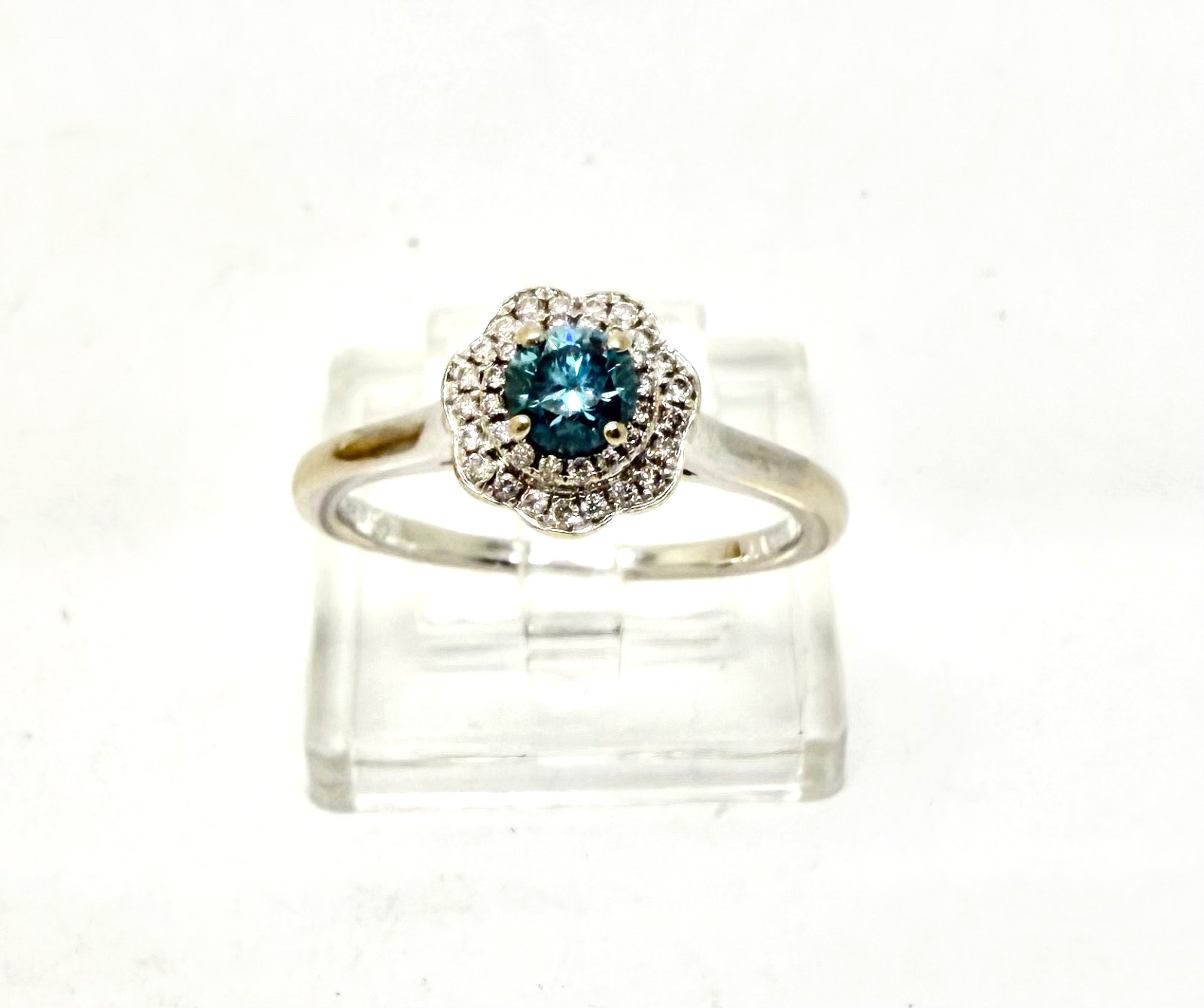 .25 Carat RB Blue & White Diamond Ring 18k White Gold w/Card Appraisal 6.5