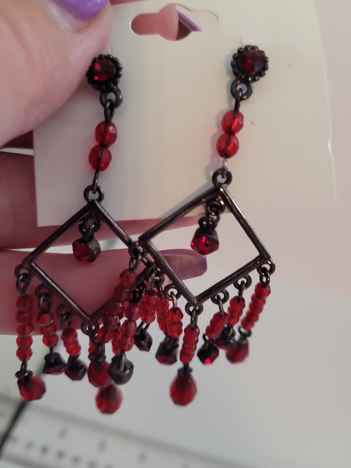 Red Beaded Chandelier Dangle Earrings Gunmetal Tone Geometric Boho Statement