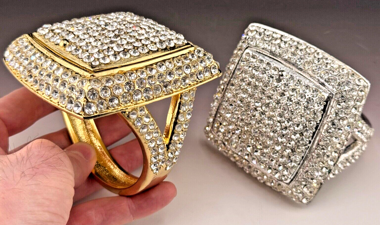 Big Bling Ring Box 2 Piece Set Gold & Silver ALL METAL Swarovski Style Crystals