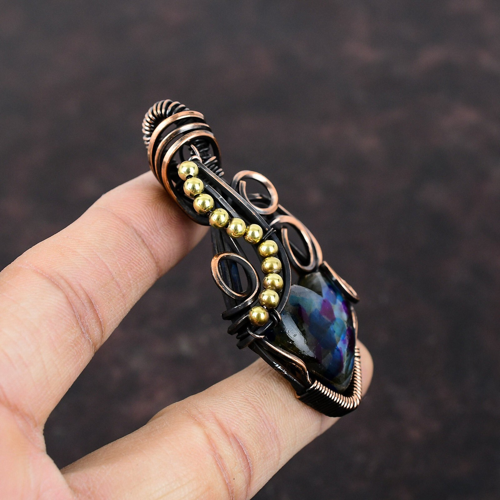 Gift For Her Multi Fire Labradorite Wire Wrapped Pendant Copper Jewelry 2.76″
