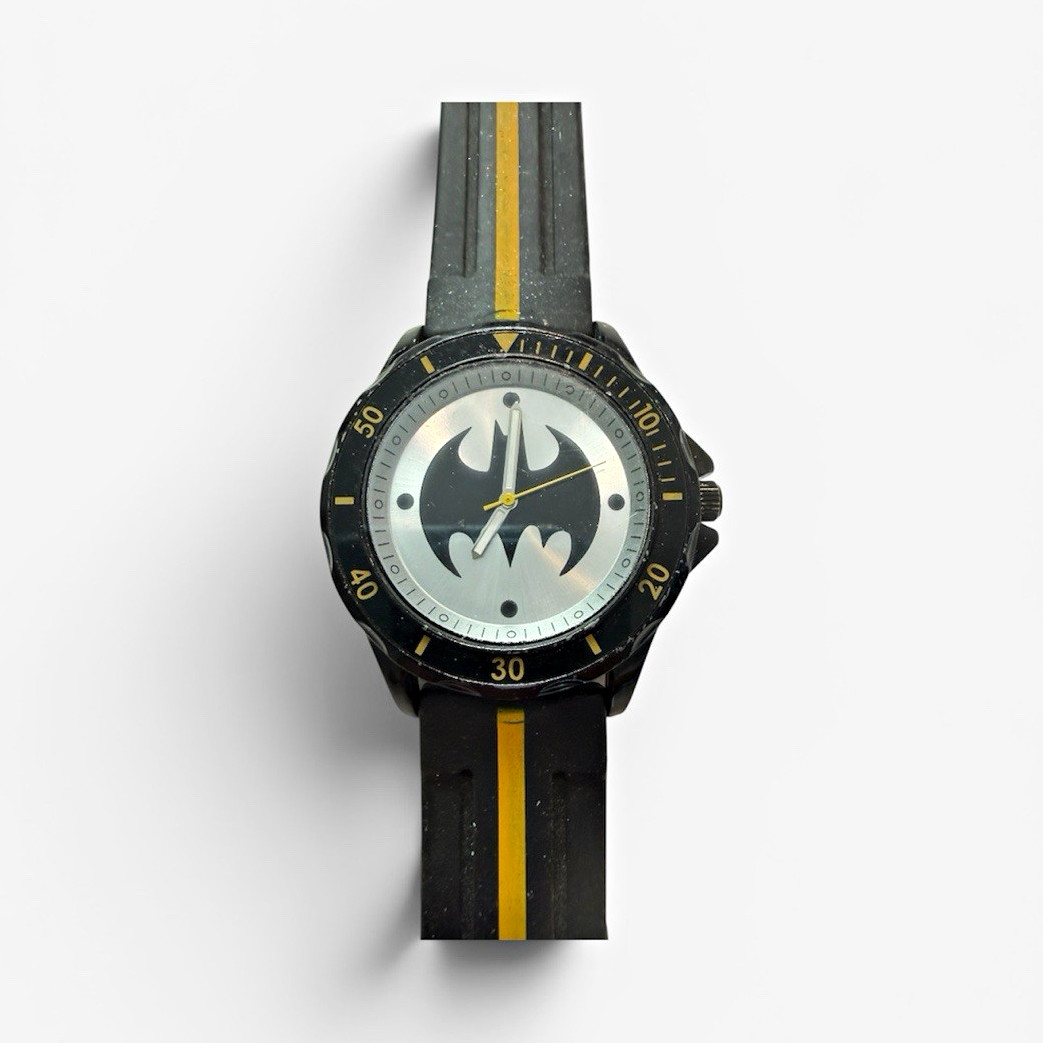 Accutime Batman Logo Quartz Analog Watch 39mm Black Strap Vintage Need Battery