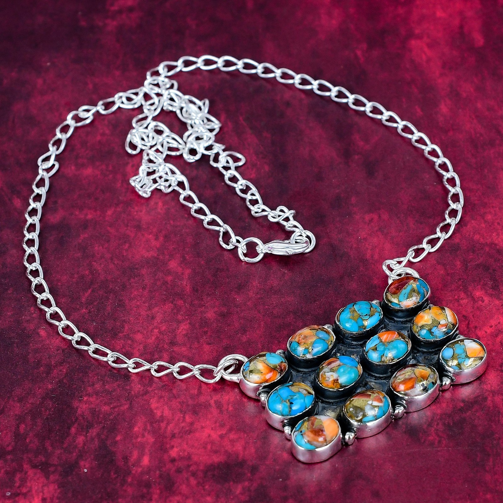 Orange Copper Turquoise Gemstone Handmade 925 Sterling Silver Necklace Jewelry