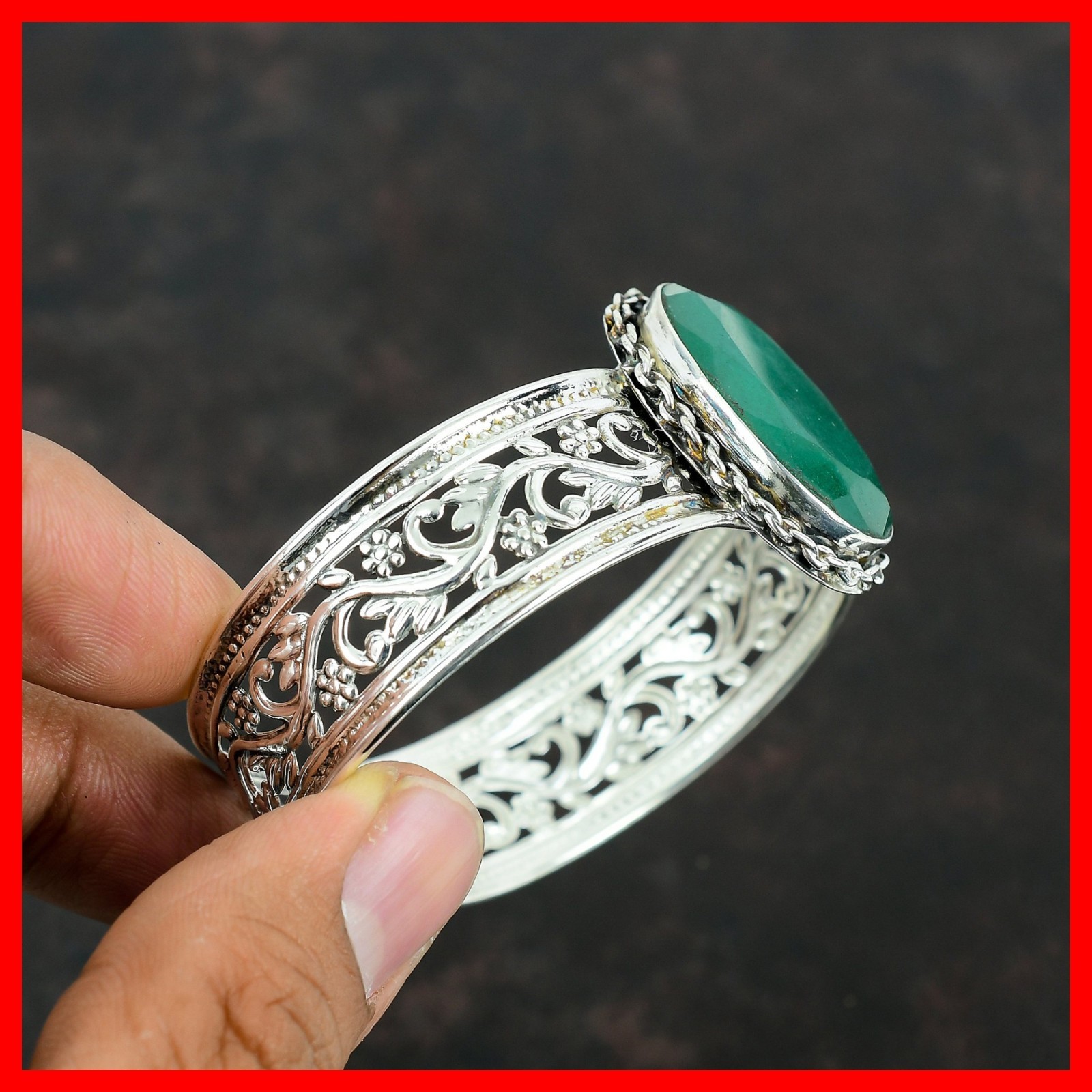 Sterling Silver Oval Zambian Emrald Gemstone Bezel Wedding Wife Bangle Jewelry