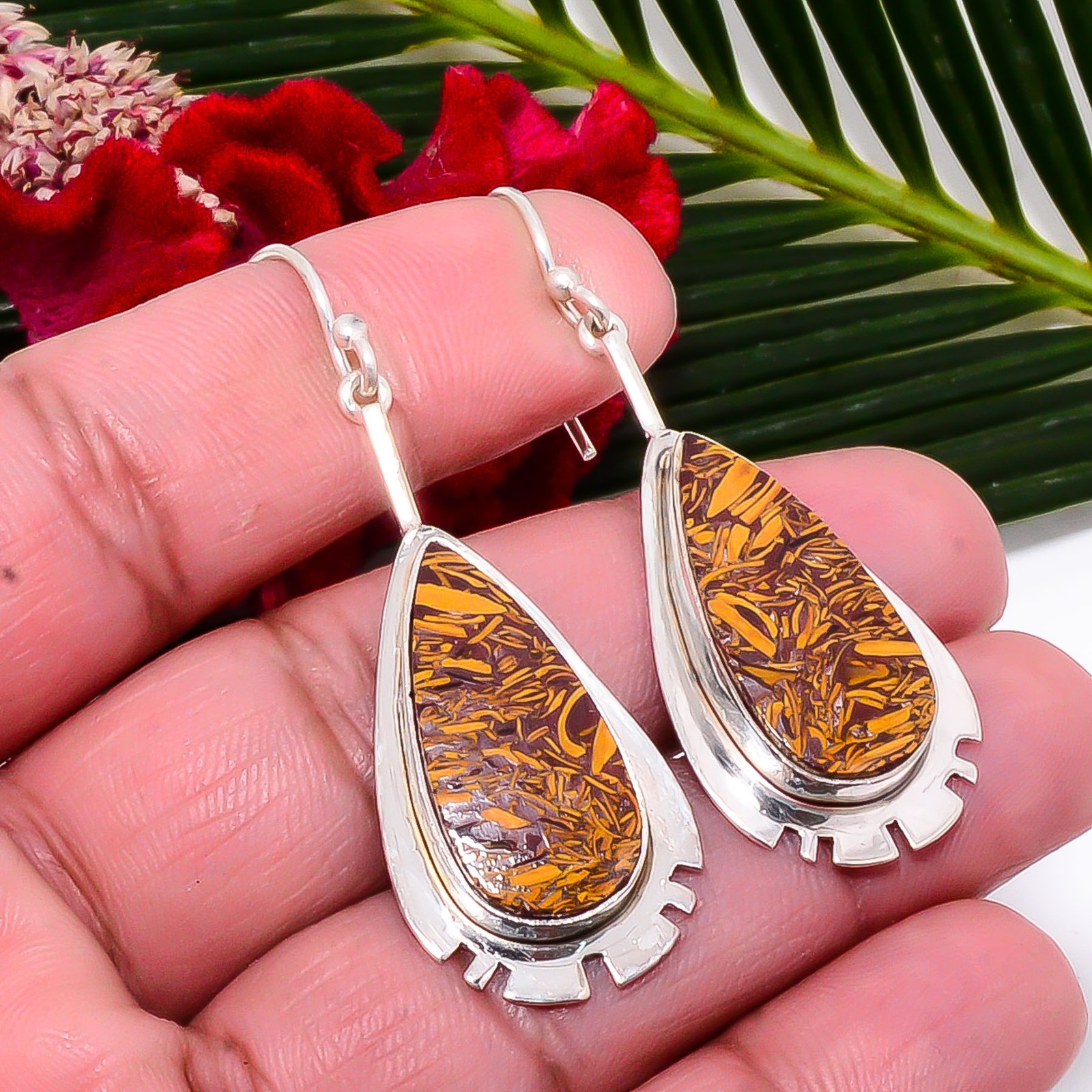 Natural Mariam Jasper Designer Handmade 925 Sterling Silver Earring 2.15″ Sku17