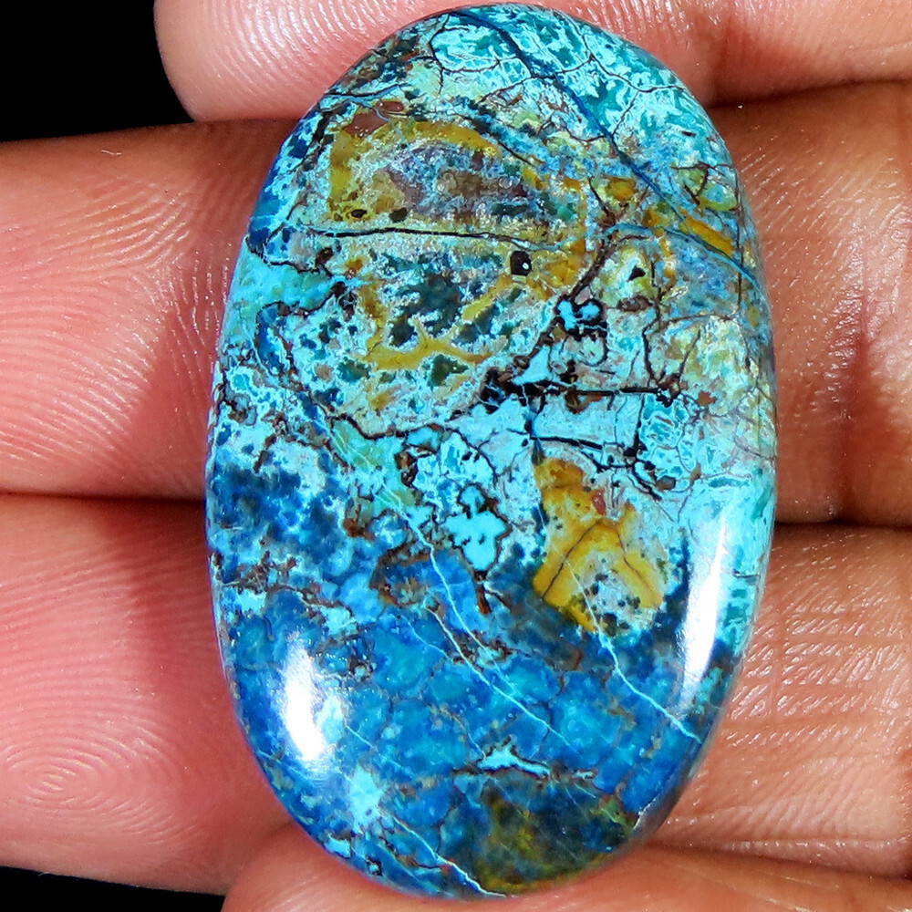 Azurite Cabochon, Blue Spiderweb Azurite Oval Shape Gemstone 46.35 CT 22x35x6 mm