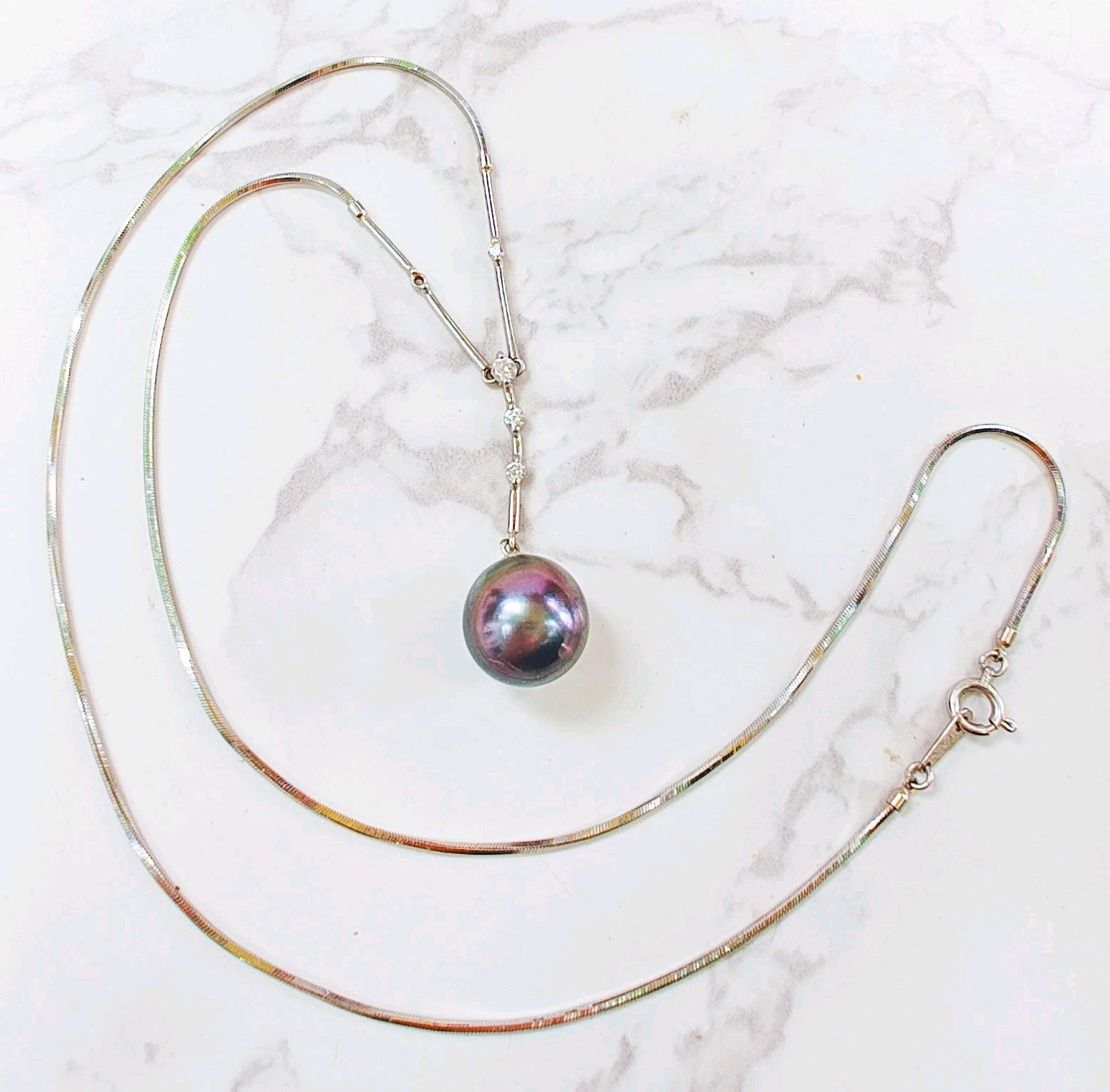 18K White Gold 10.9mm Tahitian Pearl .11ct Diamond Necklace 17” 6.12g