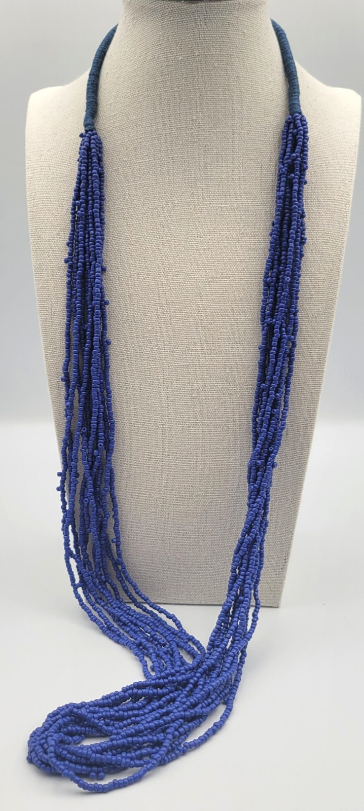 Vintage Blue Seed Bead 10 Strand Necklace 34″ Cobalt Overhead