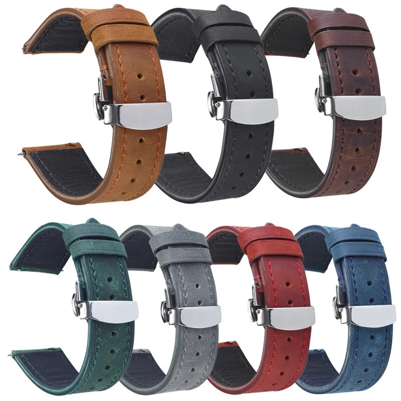 Vintage Cowhide Leather Strap Butterfly Buckle Watch Band 20mm 18 19 21 22 24mm