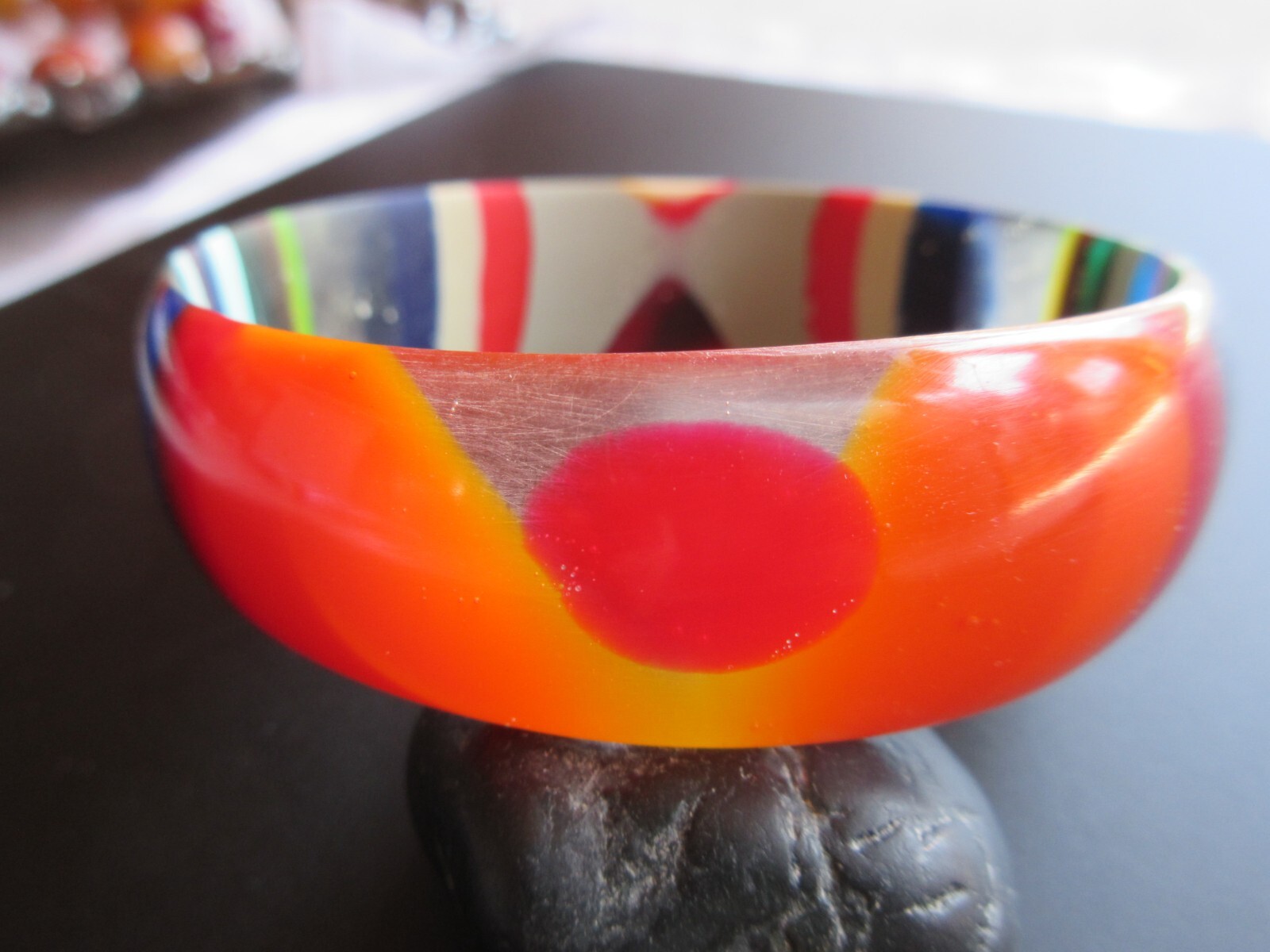 Mid century Multi color Striped Early Lucite Acrylic Bangle Bracelet 2 7/8″