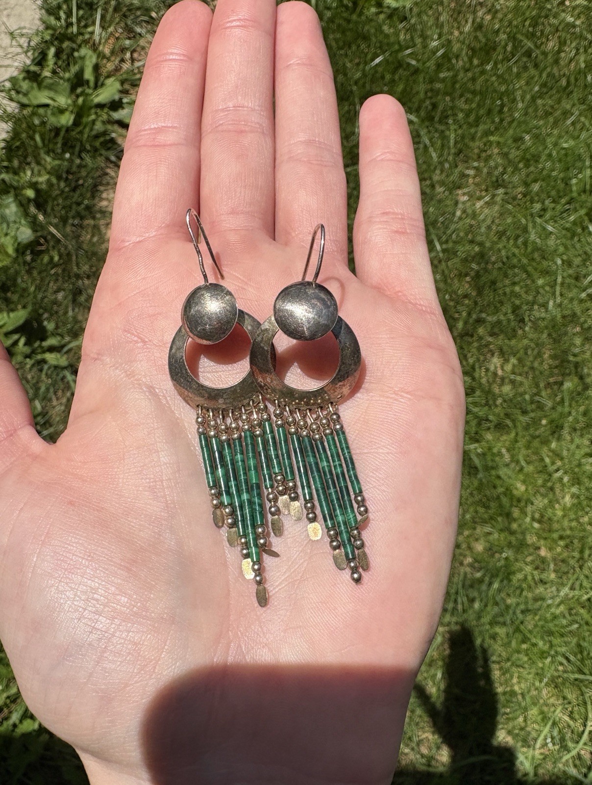 Sterling Silver & Malachite Dangle Stamped Earrings