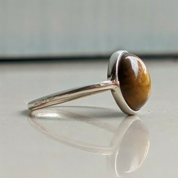 Round Tiger Eye 925 Silver Band Bezel Handmade All Size Brown Gemstone Ring