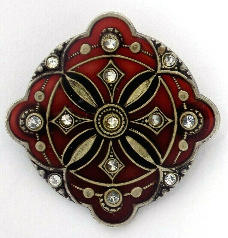 Semi Transparent Garnet Celluloid Pin w’ Open Metal Design Rhinestones 1920’s
