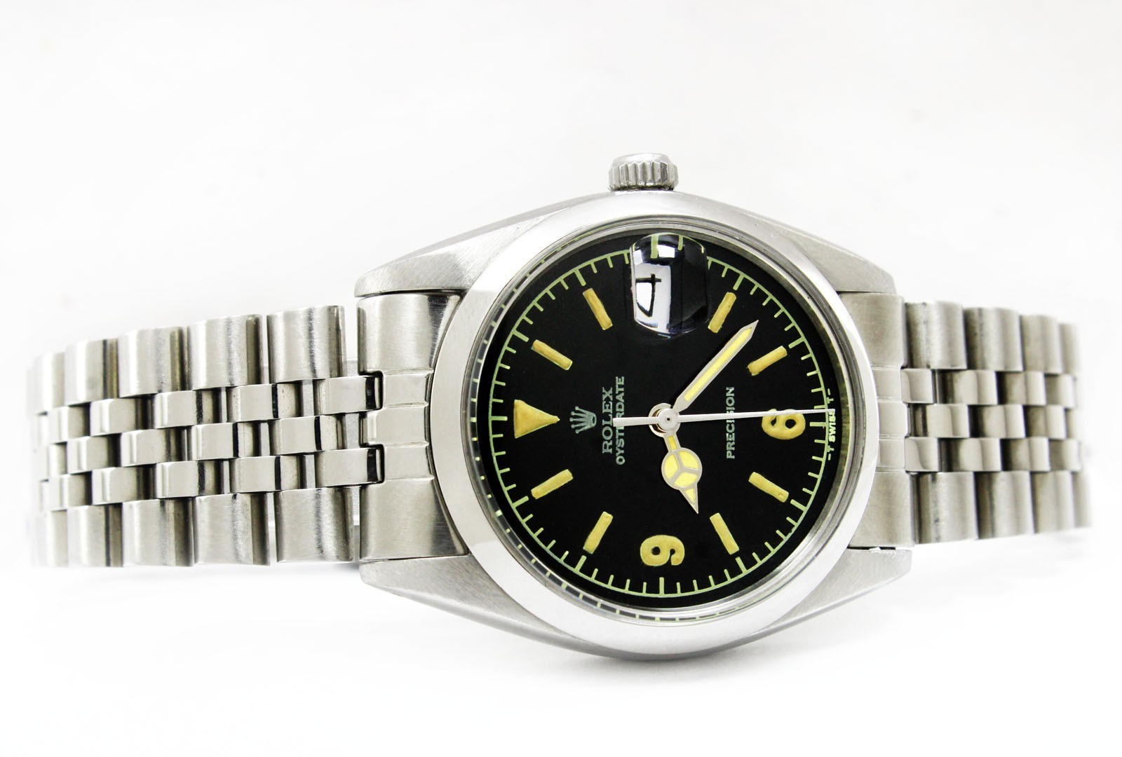 Vintage Rolex Oysterdate Precision Black Dial 34mm Men Steel Watch Ref 6694