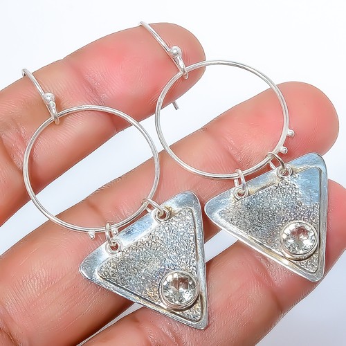 White Topaz Sand Paper Textured 925 Sterling Silver Handmade Earring 2.42″ A2