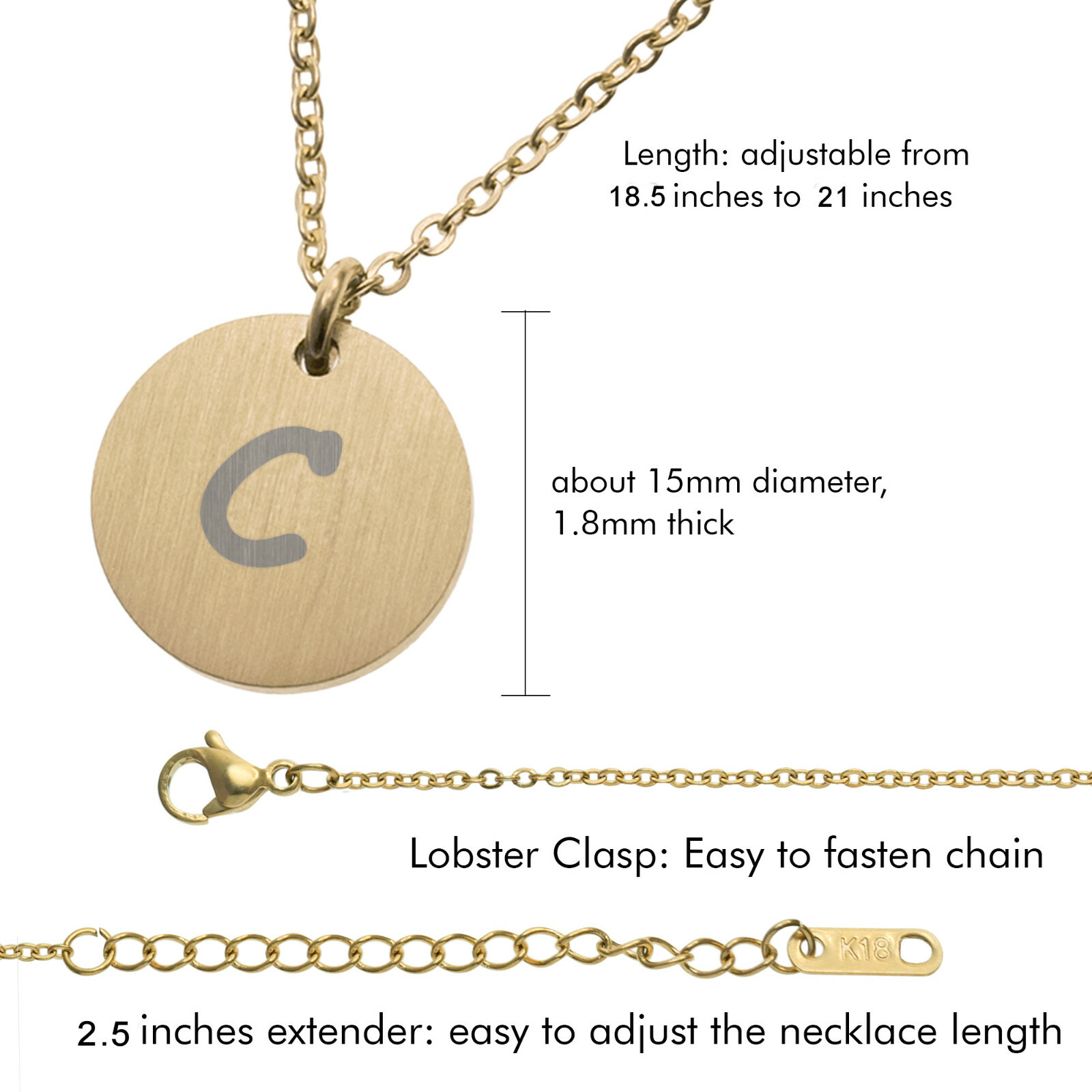 Engraved Black Metal Initial Letter Disc Pendant Chain Necklace 18.5 in + 2.5 in