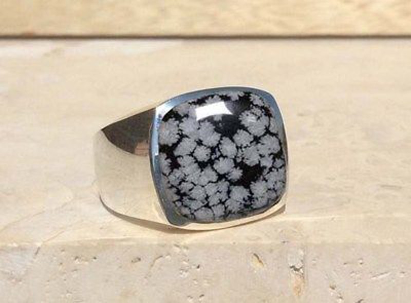Solid 925 Sterling Silver Snowflake Obsidian Cushion Gemstone Men’s Unisex Ring