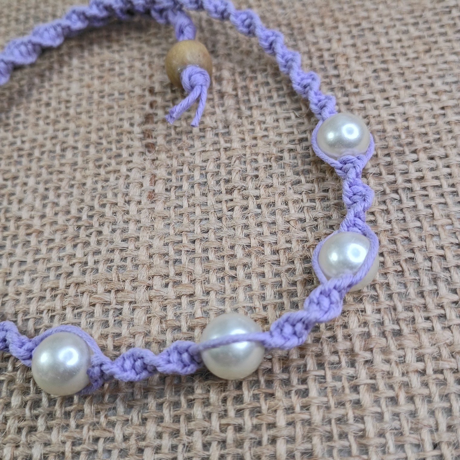 New Lavender Hemp Choker Necklace W/ Faux Pearl Beads 15 in Macrame Feminine