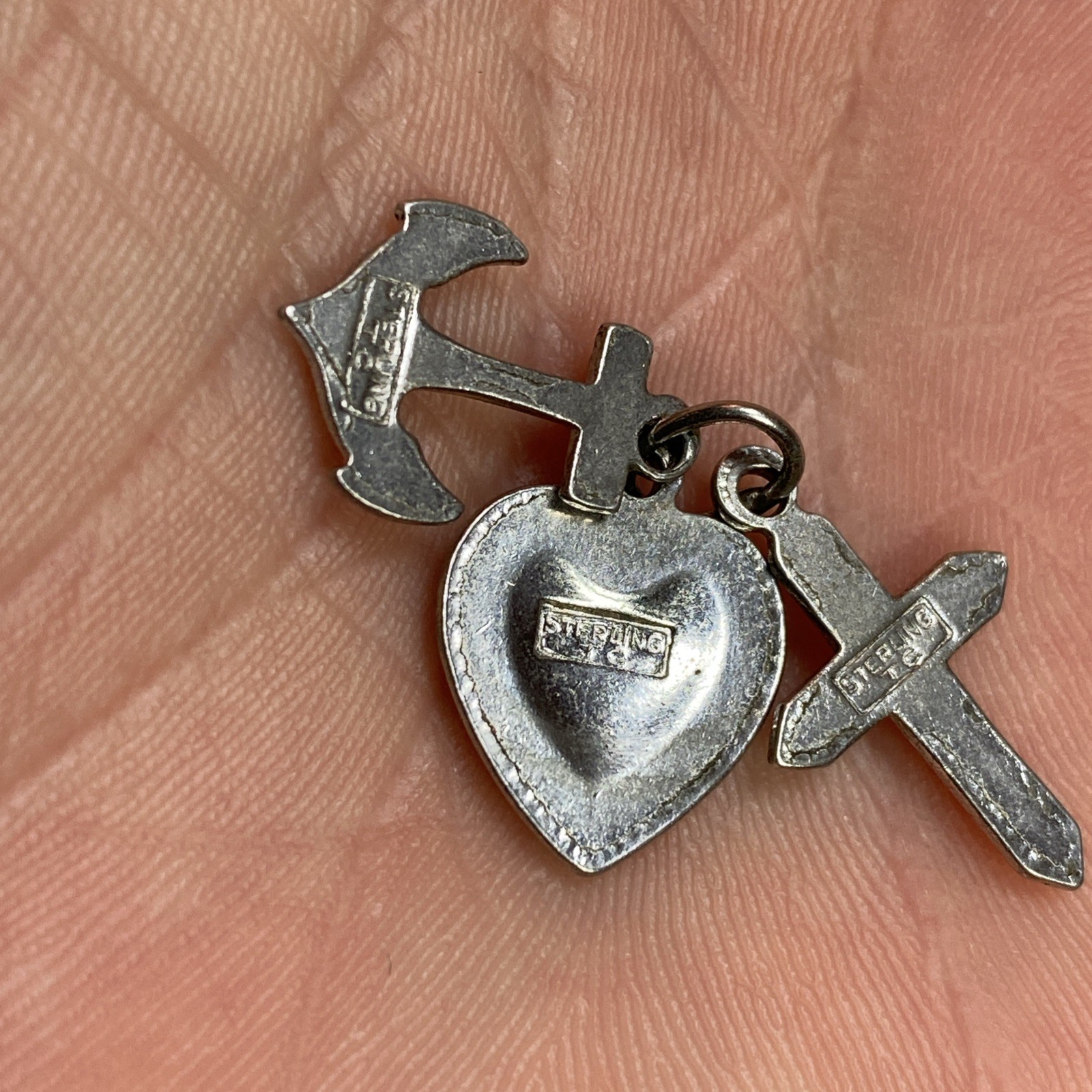 signed TC 925 Sterling Silver Vtg 3 Virtues Anchor Heart Cross Charm Pendant