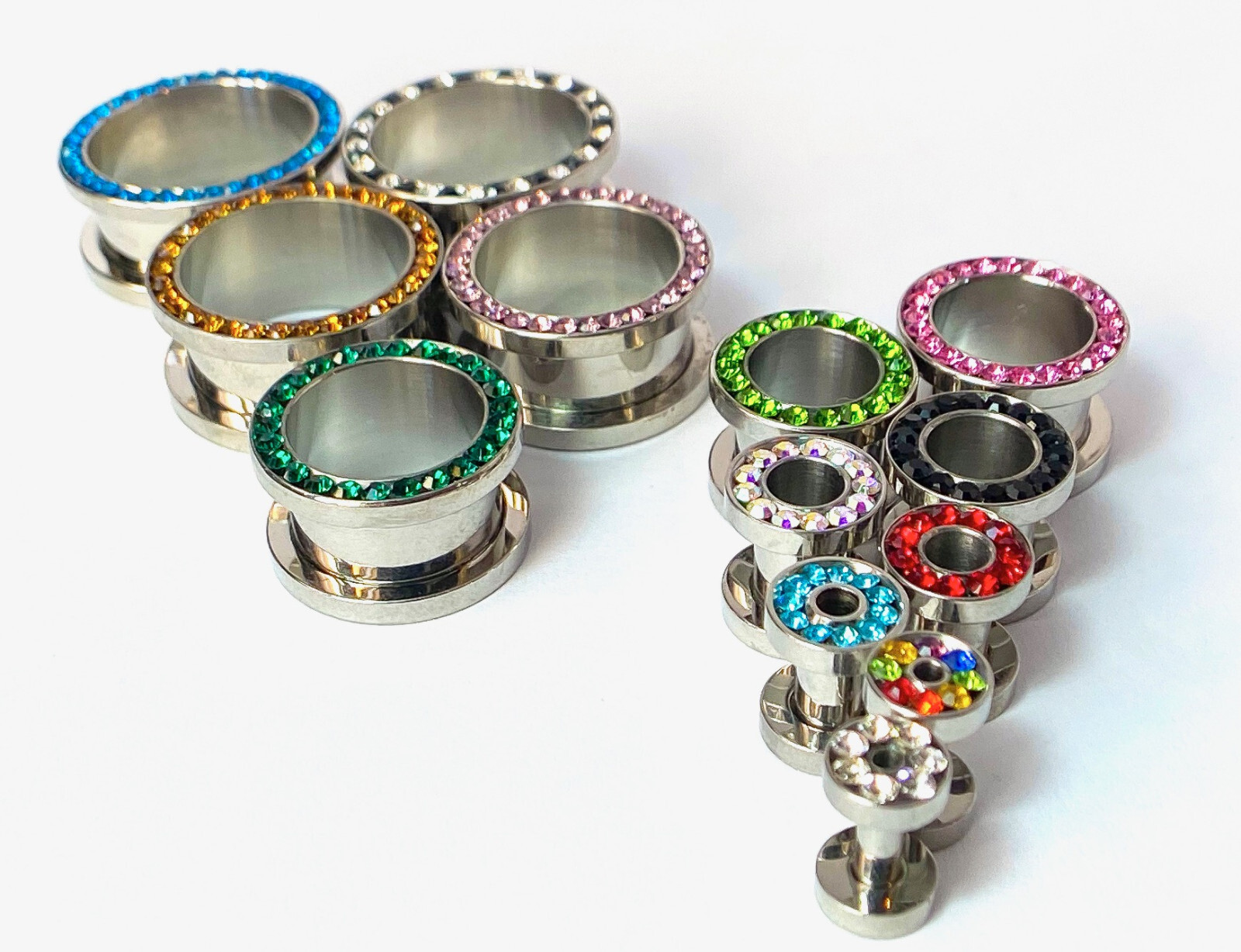 PAIR CZ Gem Rimmed 316L Surgical Steel Screw Fit Tunnels Plugs Earlets Gauges