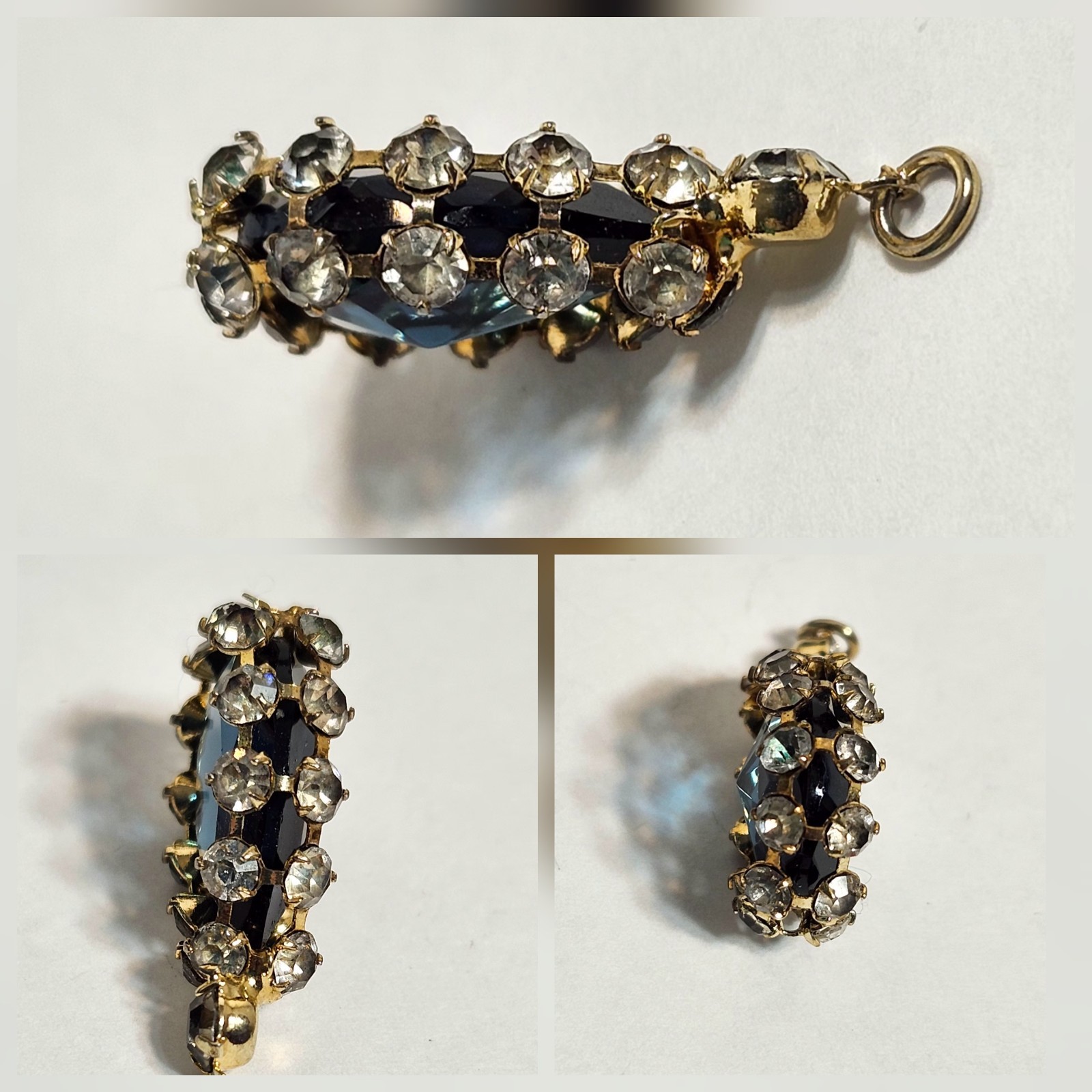 Vintage Faux Costume Gold Tone Blue Sapphire Diamond Teardrop Pendant 1″L x ½”W