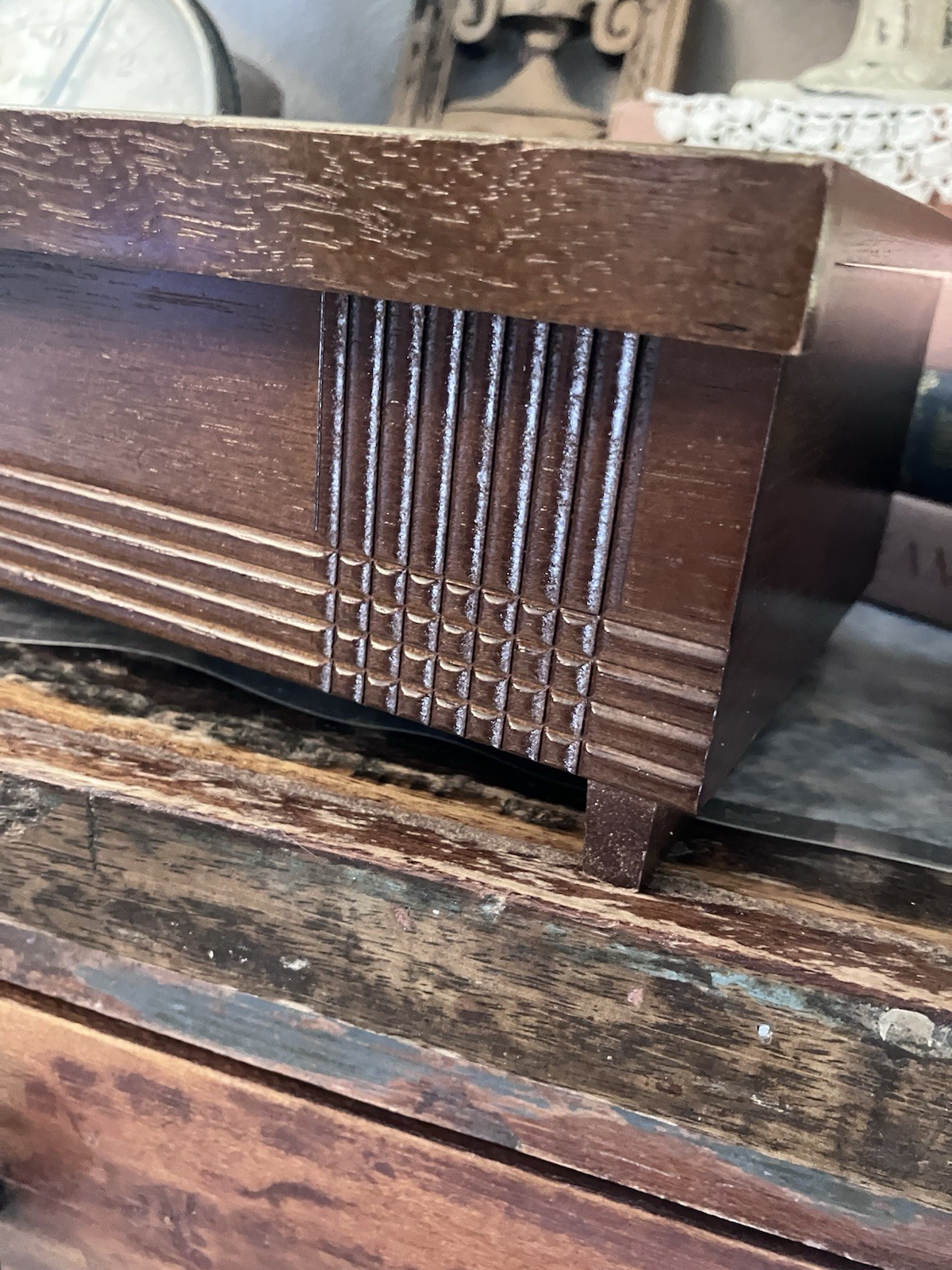 Vintage MCM Mid Century Modern Wood Jewelry Music Box Men’s Lacquer Top 60/70’s