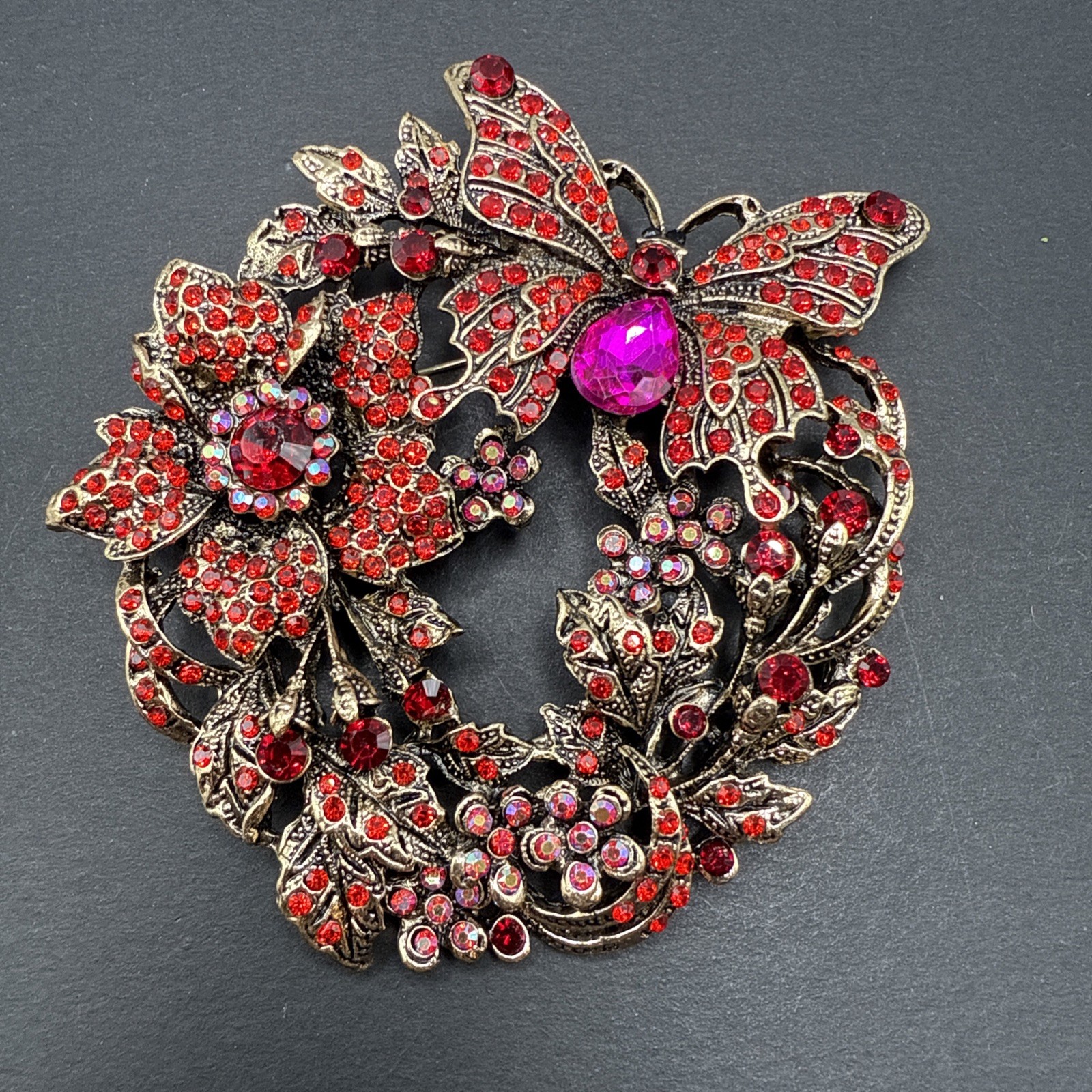 HUGE Butterfly Red Pink Flower Rhinestone Wreath Brooch Pin J26