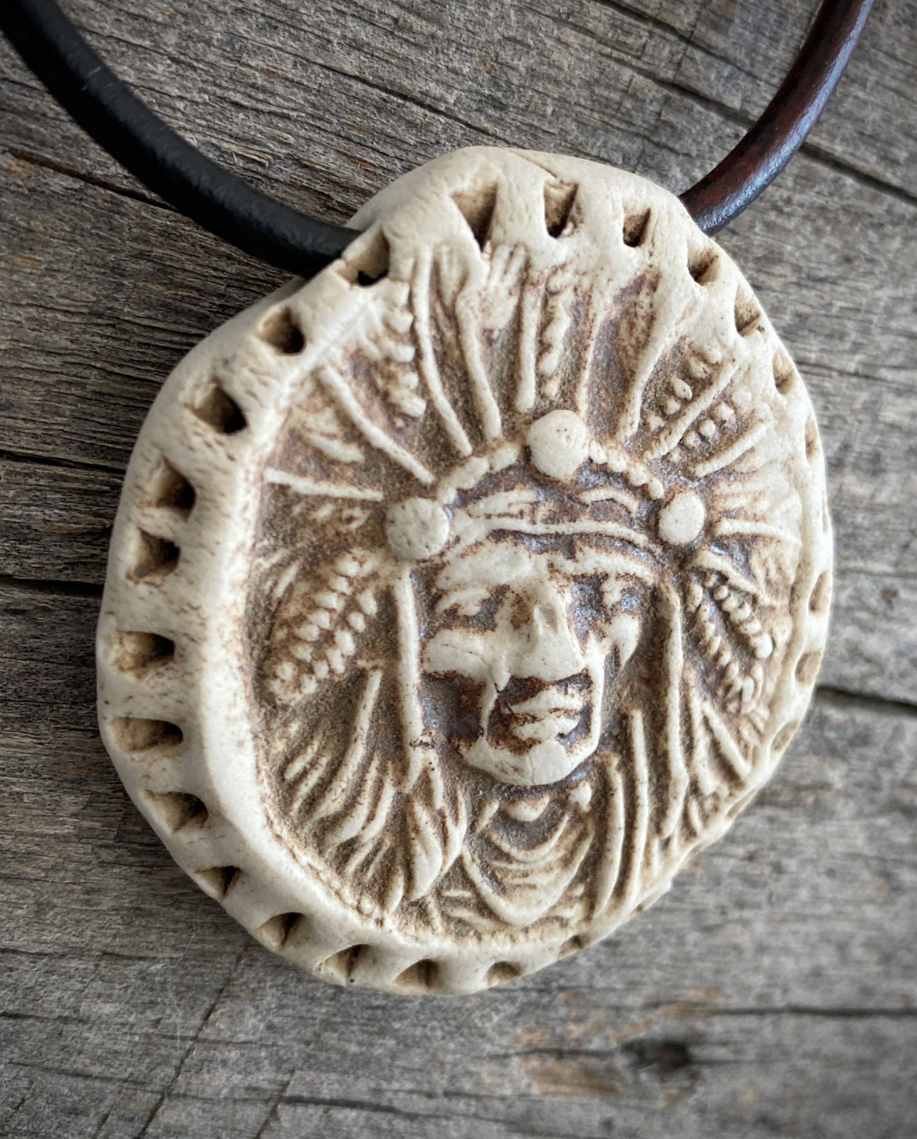 ARTISAN Ceramic Pottery Native American Indian Chief Pendant NECKLACE Warrior 2″