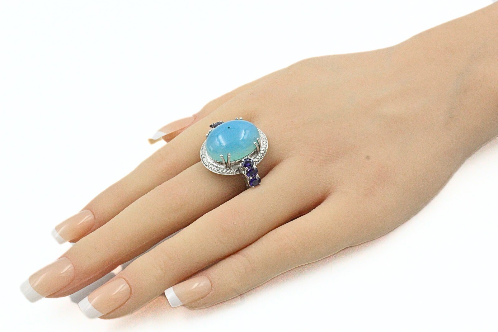 Karis STS Signed Rhodium Plate Light Blue Glass Cab Purple CZ Cocktail Ring Sz 9
