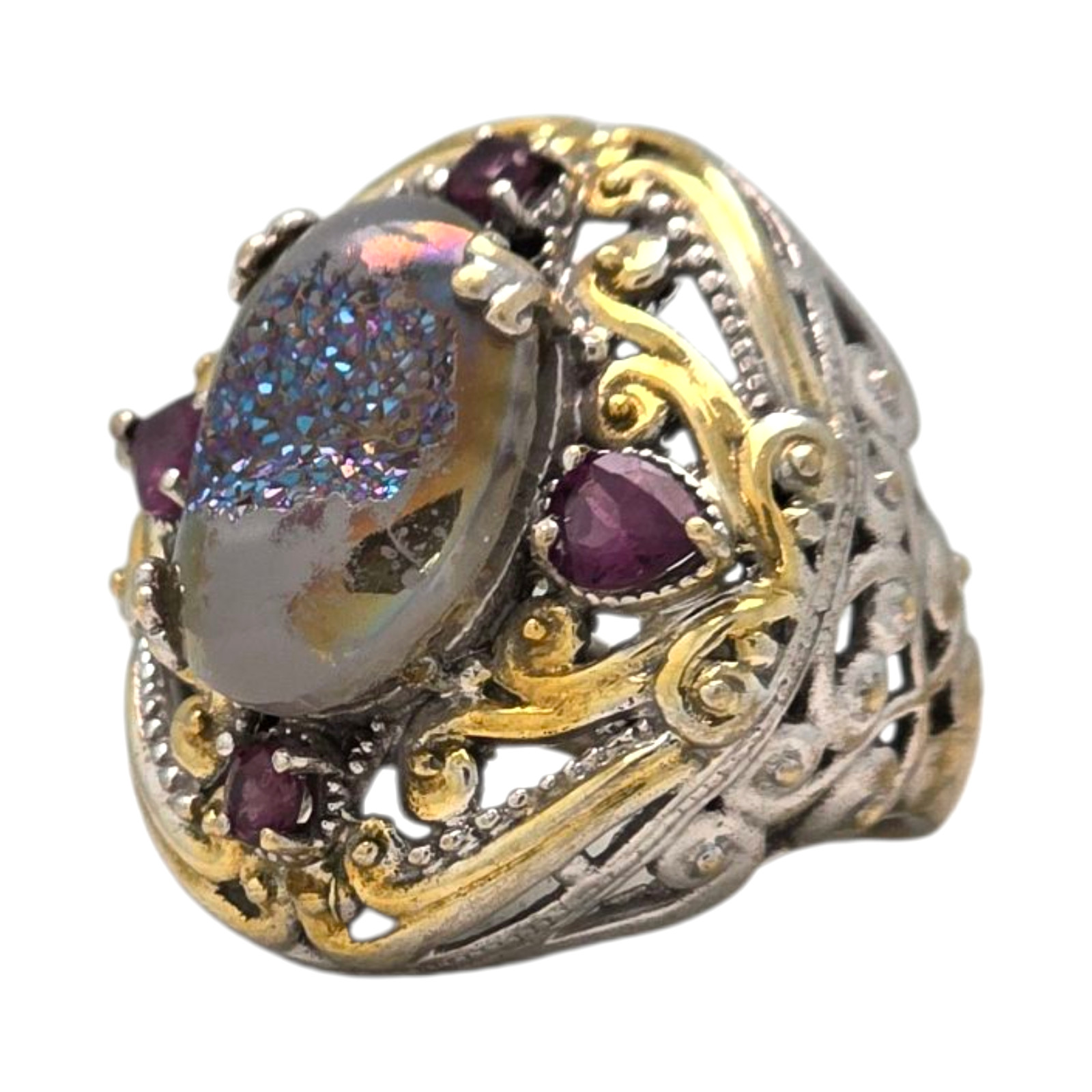 KARIS PLATINUM/PALLADIUM PLATED DRUZY/PURPLE STONE SIZE 7 RING 9.9GR #1241