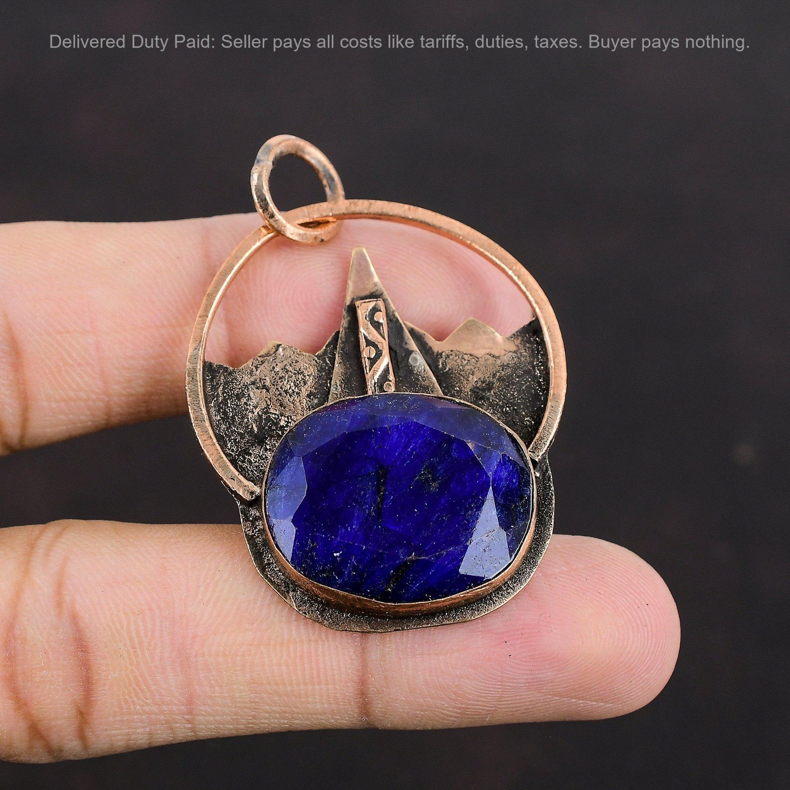 Copper Oval Blue Saphire Gemstone Daughter Wedding Birthday Boho Pendant Jewelry