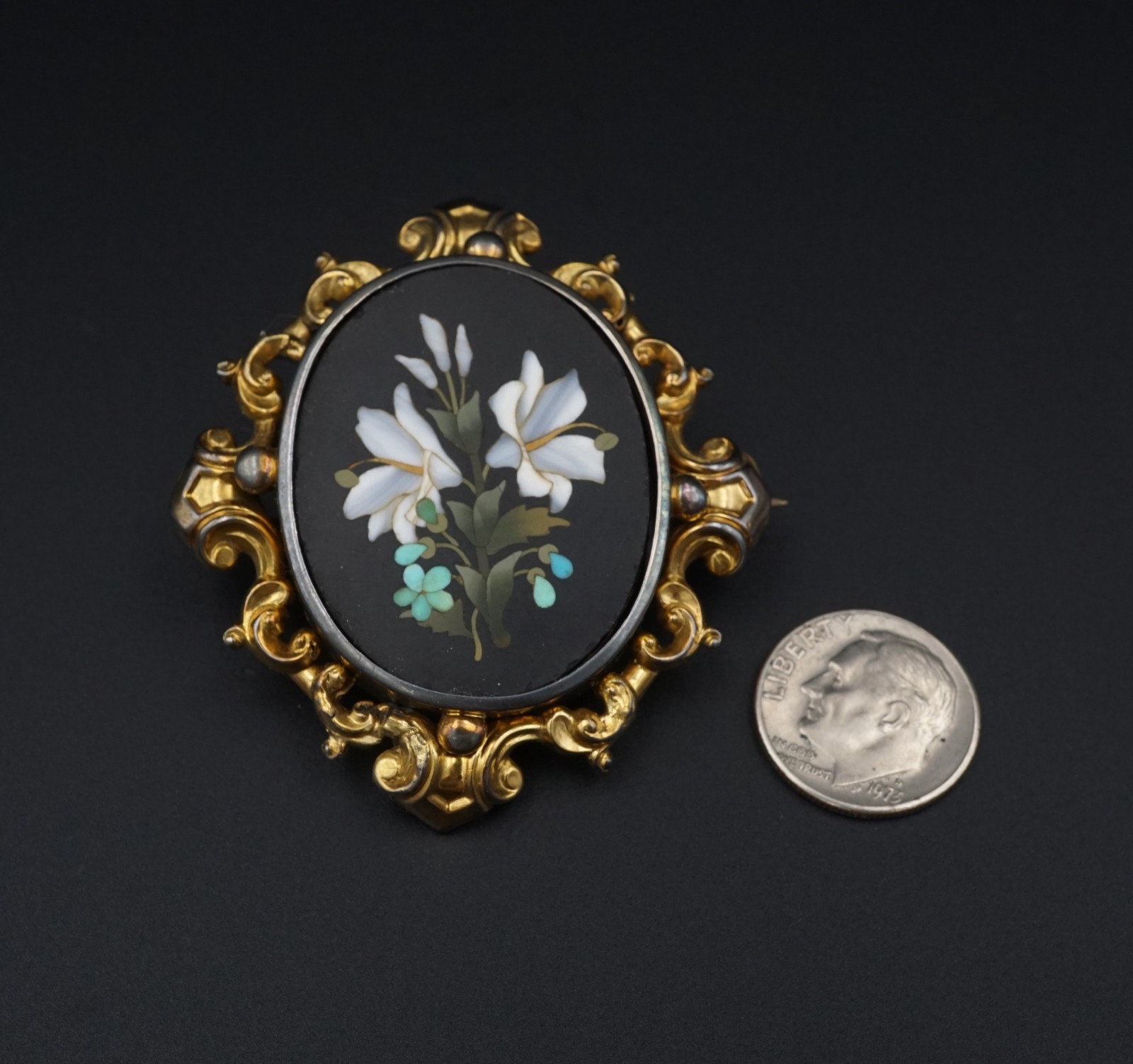 Antique Victorian Pietra Dura Floral Brooch Inlay 9k Yellow Gold OG603