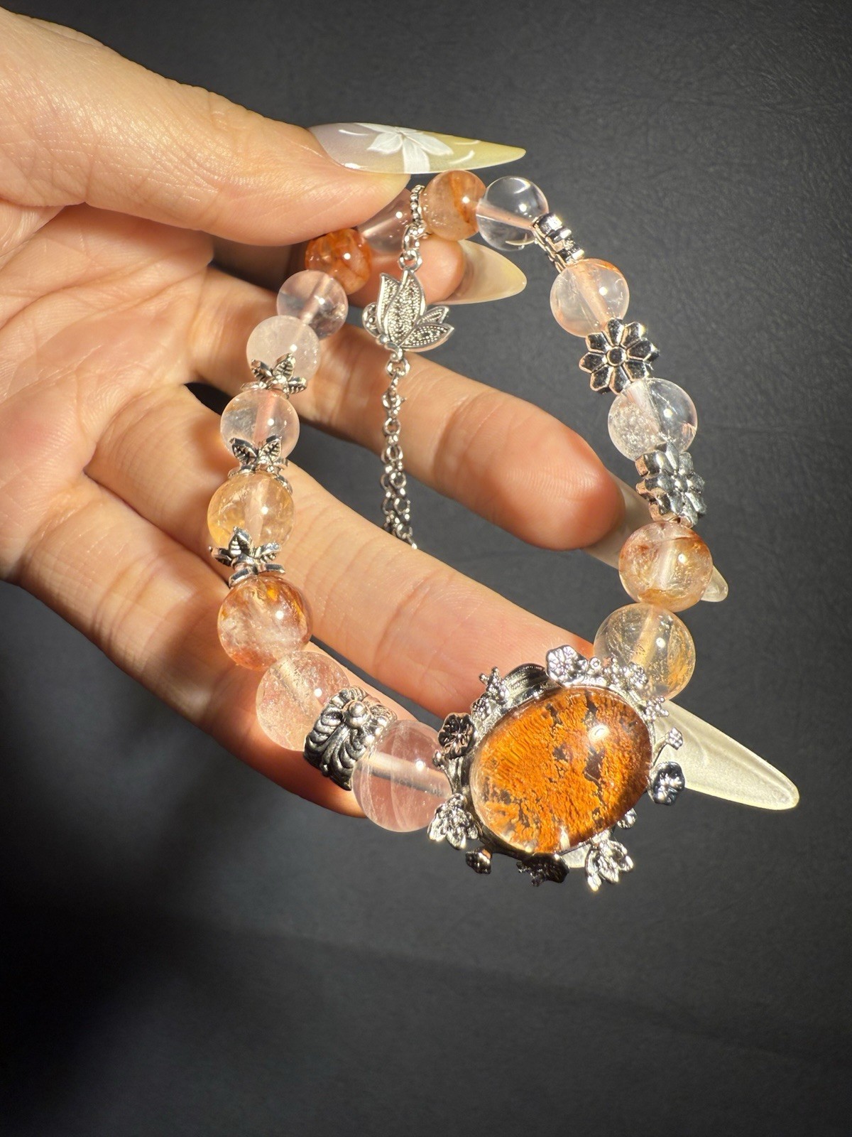 9.2mm High Grade Natural Fire Hematoid Crystal/ Phantom Crystal Charm Bracelet