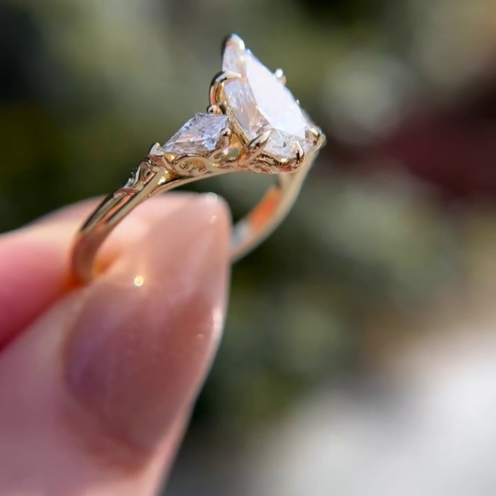 Floral 3 CT Pear Three Stone Moissanite Side Stone Kite 14K Yellow Gold Plated
